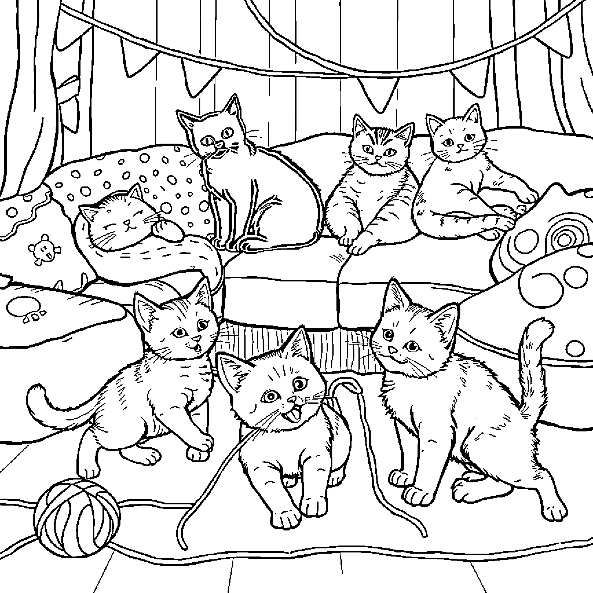 Cats gathered for a cozy gathering Coloring Page (free black-and-white line drawing printable PDF for all, from beginners to advanced learners, including children, teens, adults, and seniors)