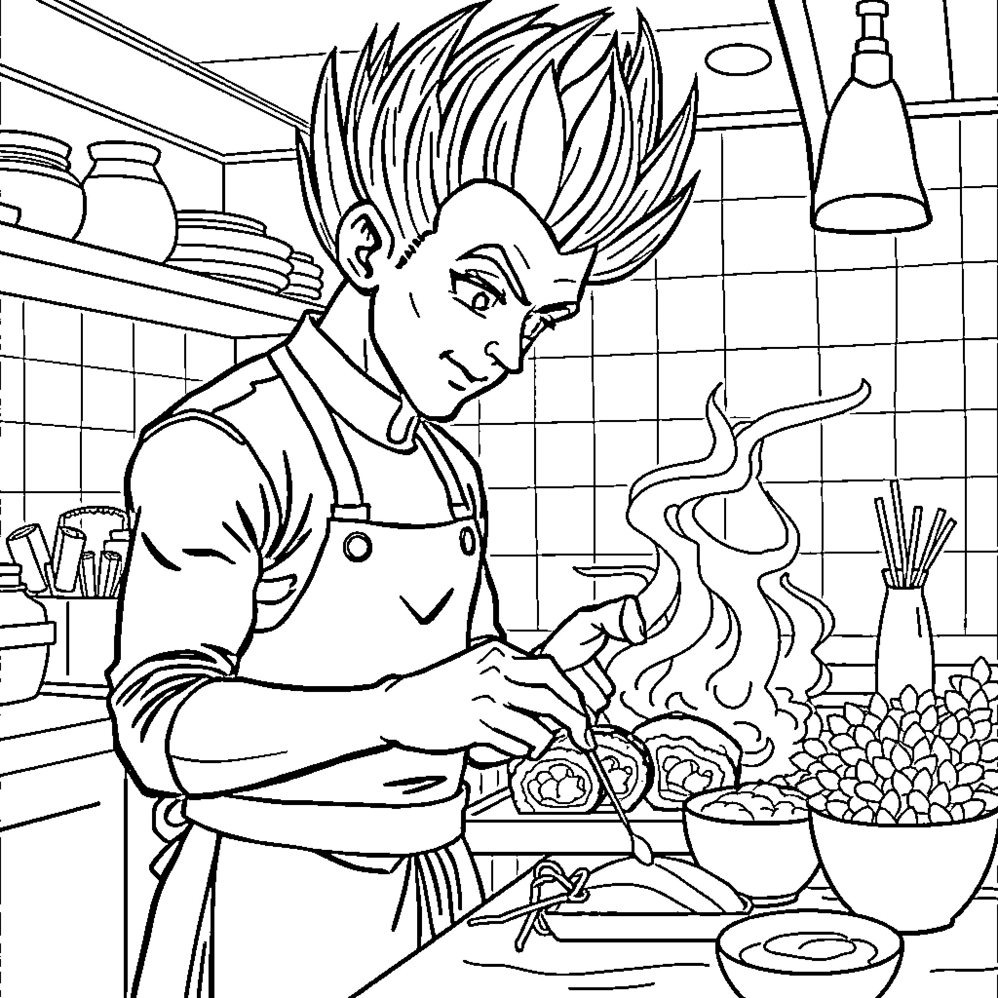 Vegeta the Chef Cooking in the Kitchen Coloring Page (free black-and-white line drawing printable PDF for all, from beginners to advanced learners, including children, teens, adults, and seniors)