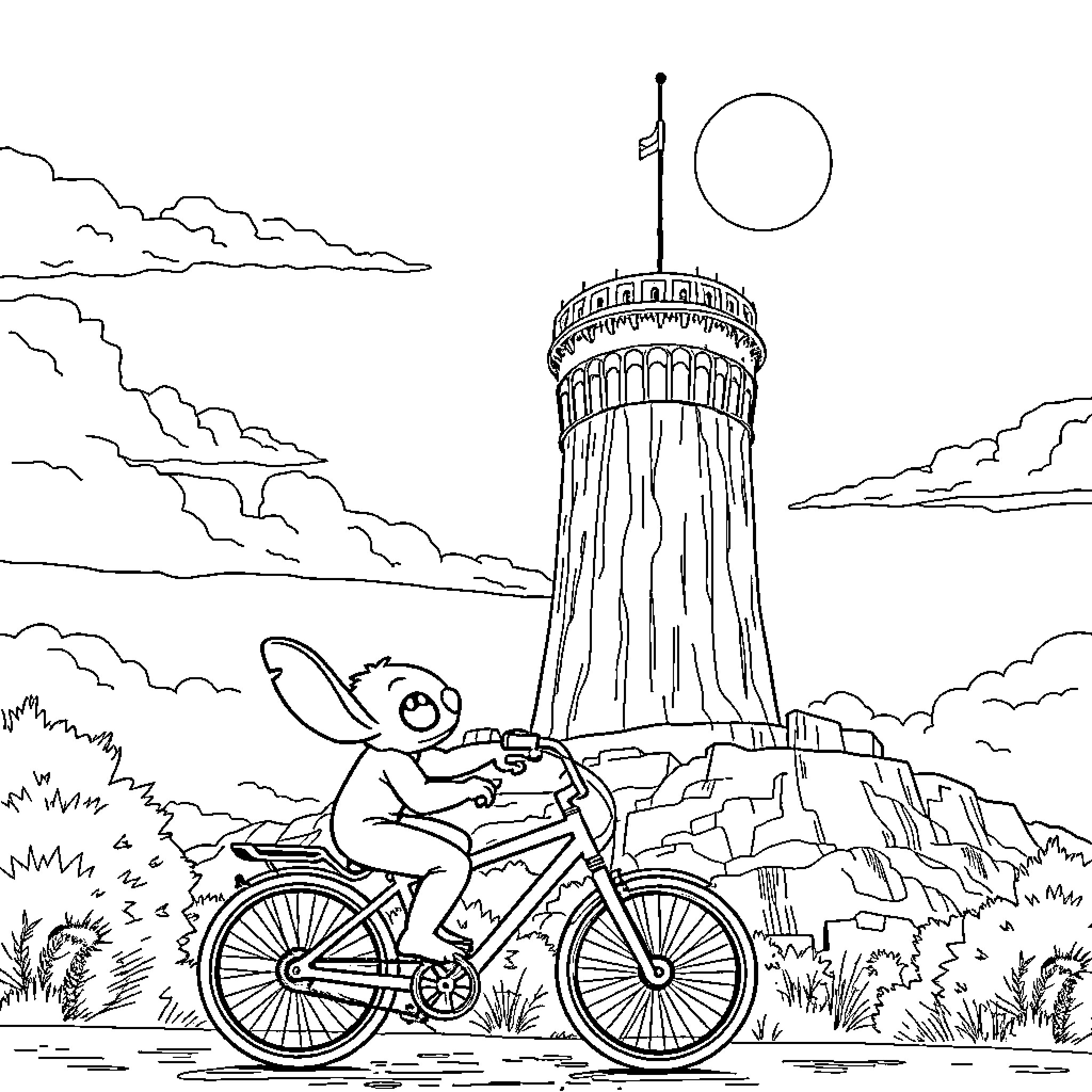 Stitch rides bike by the tower Coloring Page (free black-and-white line drawing printable PDF for all, from beginners to advanced learners, including children, teens, adults, and seniors)