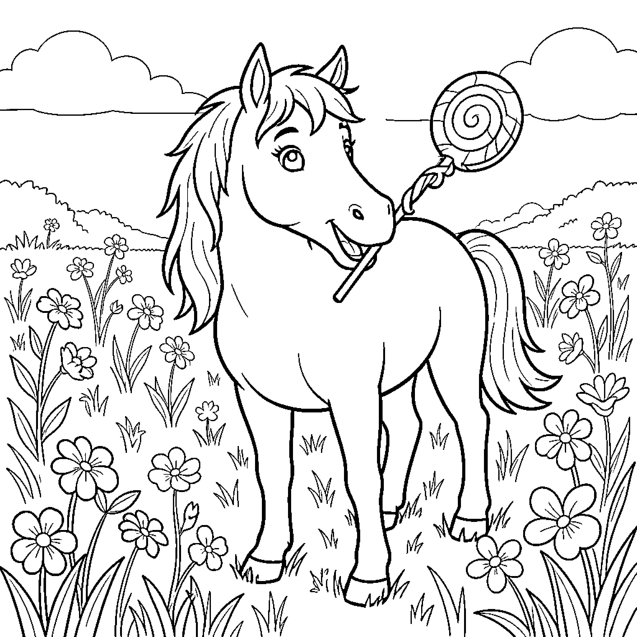 Horse standing in a flower field with a lollipop Coloring Page (free black-and-white line drawing printable PDF for all, from beginners to advanced learners, including children, teens, adults, and seniors)