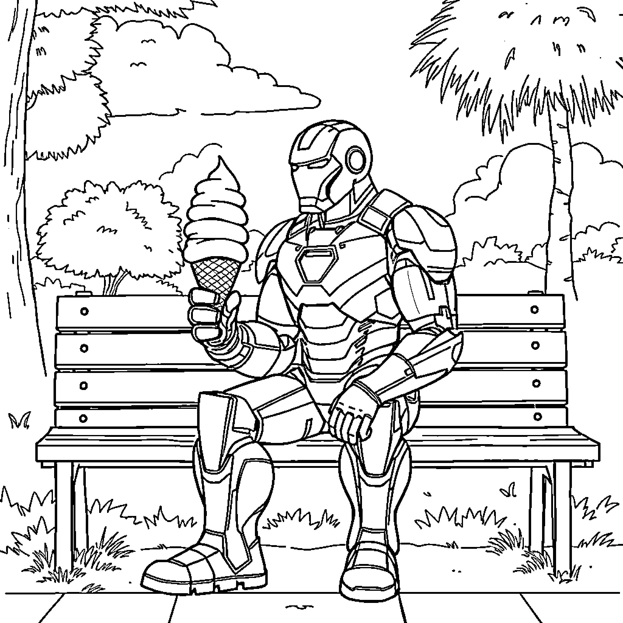 Iron Man resting on park bench Coloring Page (free black-and-white line drawing printable PDF for all, from beginners to advanced learners, including children, teens, adults, and seniors)