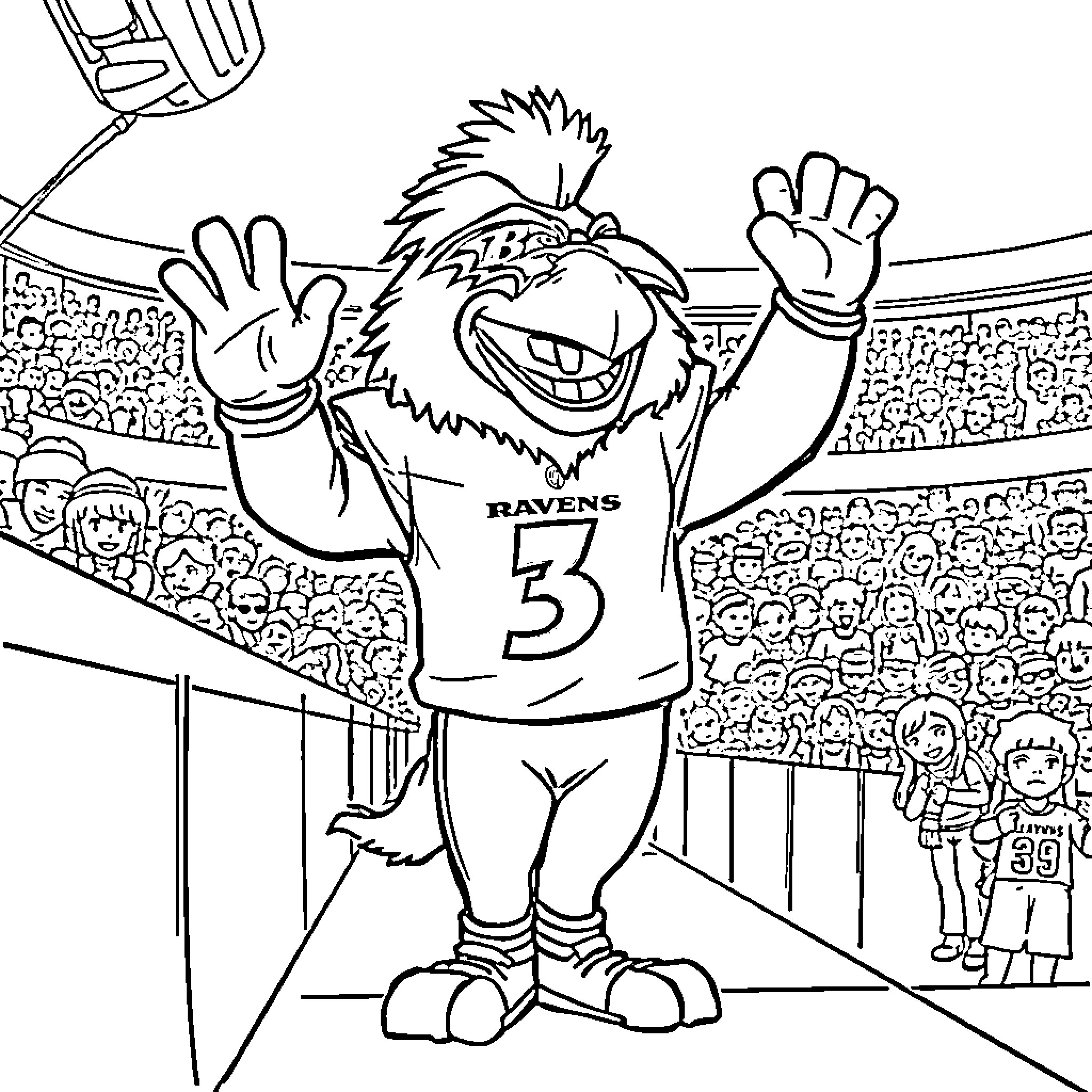 Poe the Raven's Exciting Sports Event Coloring Page (free black-and-white line drawing printable PDF for all, from beginners to advanced learners, including children, teens, adults, and seniors)
