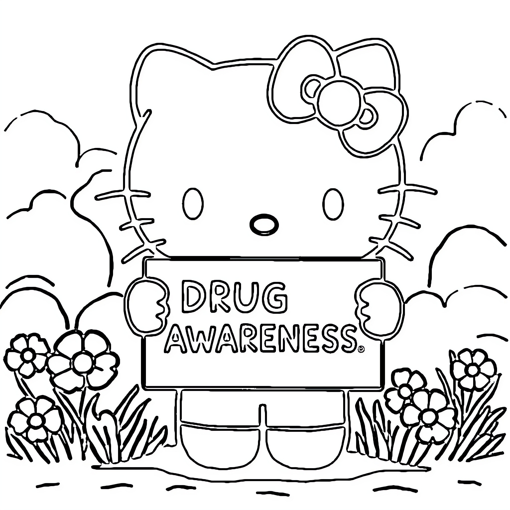 Hello Kitty Promoting Drug Awareness Coloring Page (free black-and-white line drawing printable PDF for all, from beginners to advanced learners, including children, teens, adults, and seniors)
