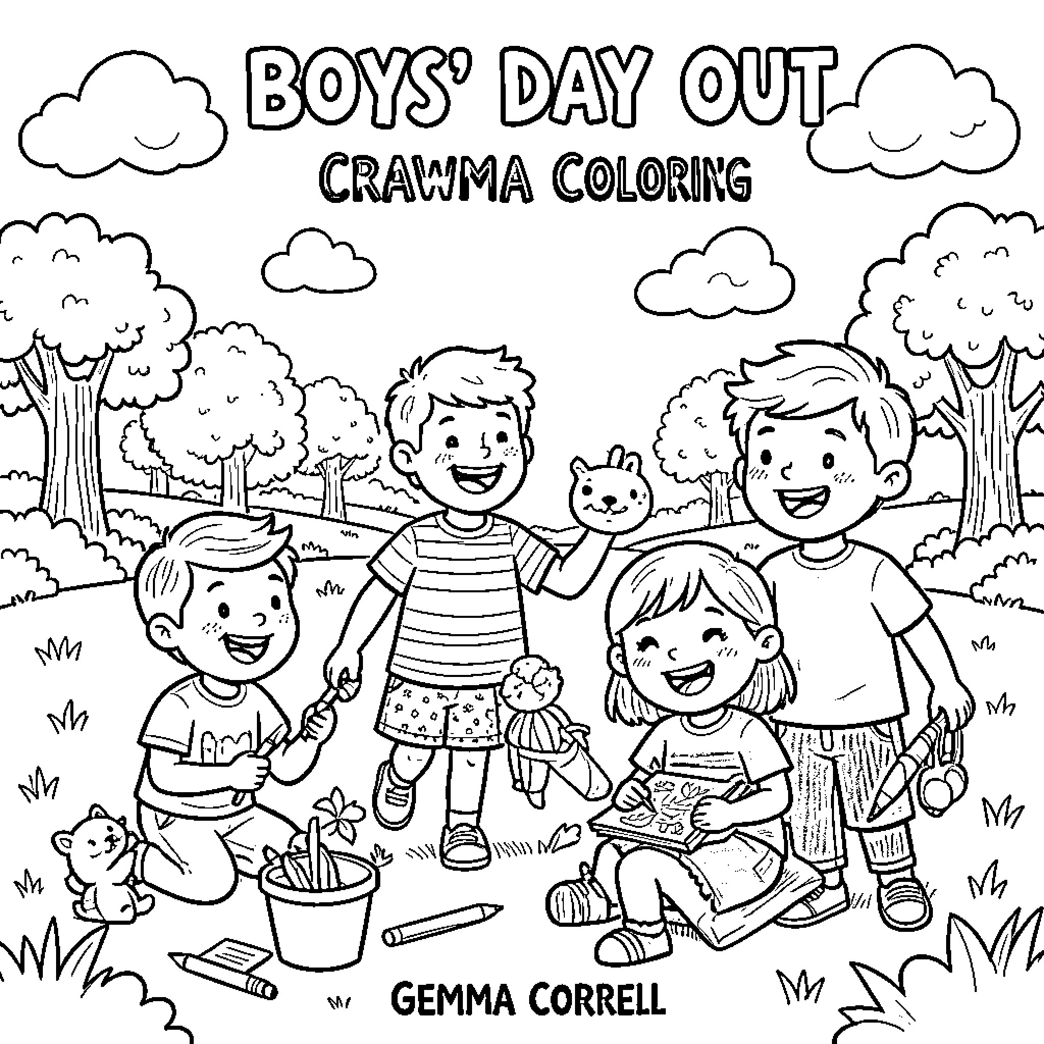 Boys having fun outdoors on a day trip Coloring Page (free black-and-white line drawing printable PDF for all, from beginners to advanced learners, including children, teens, adults, and seniors)