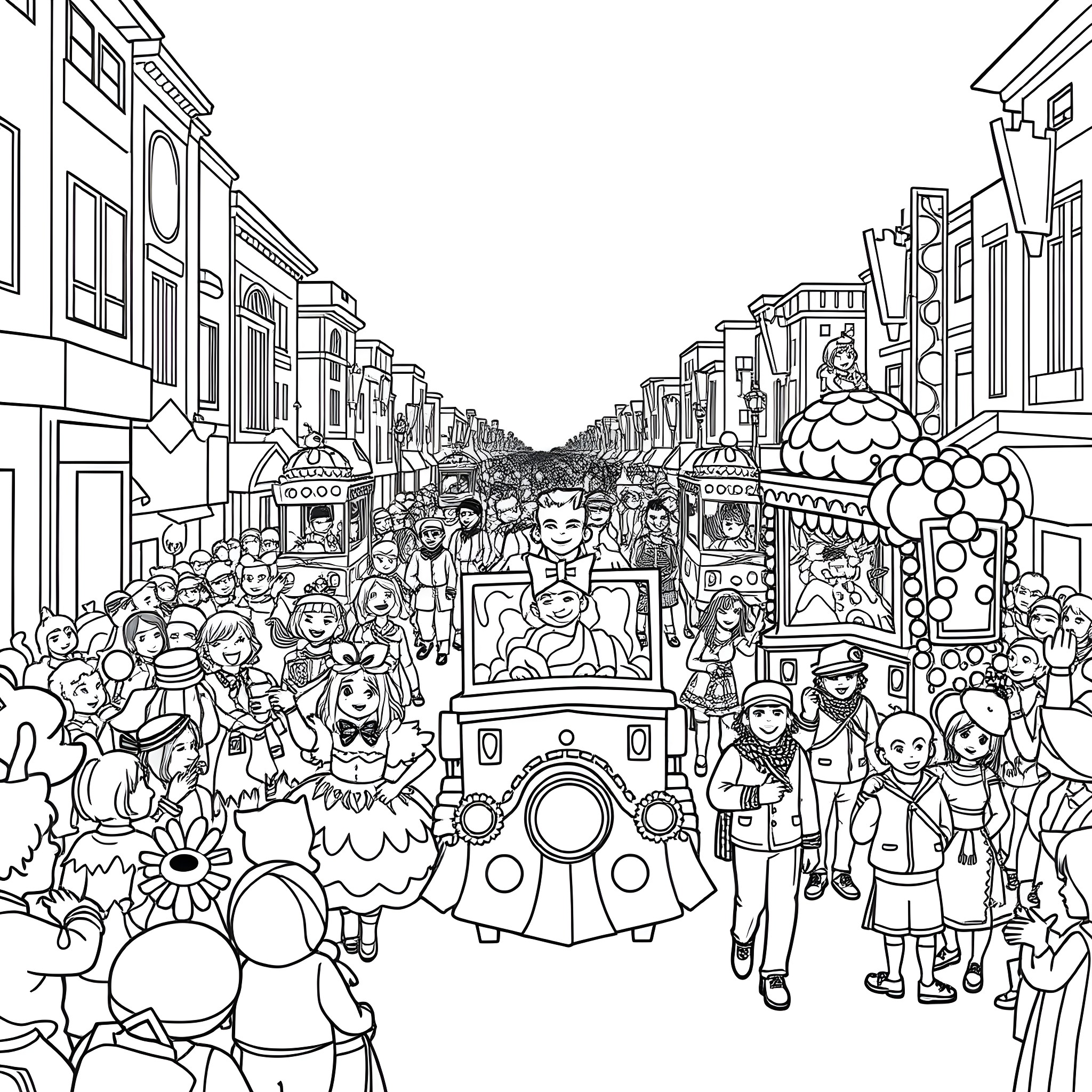 Anime characters in a lively festival parade Coloring Page (free black-and-white line drawing printable PDF for all, from beginners to advanced learners, including children, teens, adults, and seniors)
