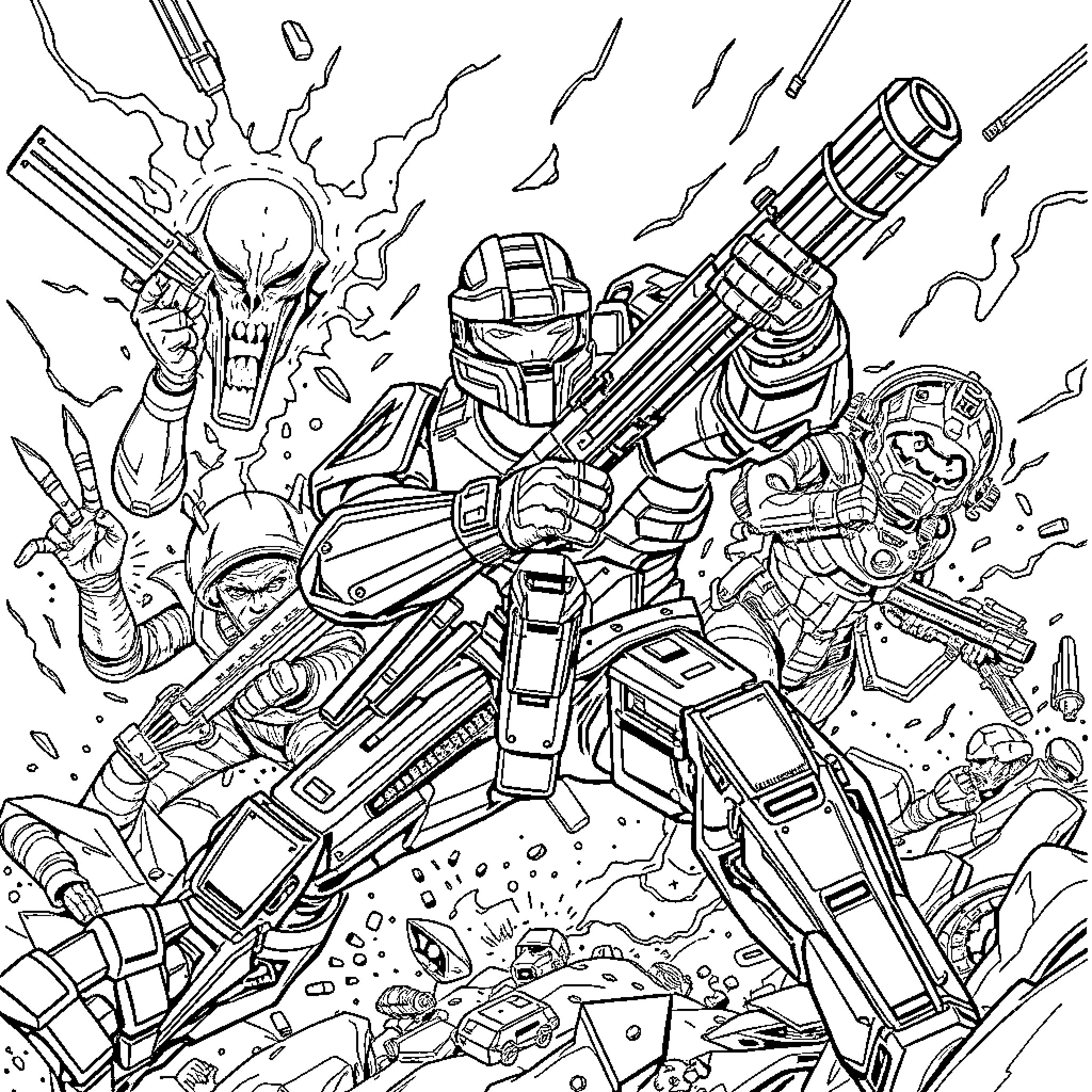 Master Chief in an intense combat scene Coloring Page (free black-and-white line drawing printable PDF for all, from beginners to advanced learners, including children, teens, adults, and seniors)