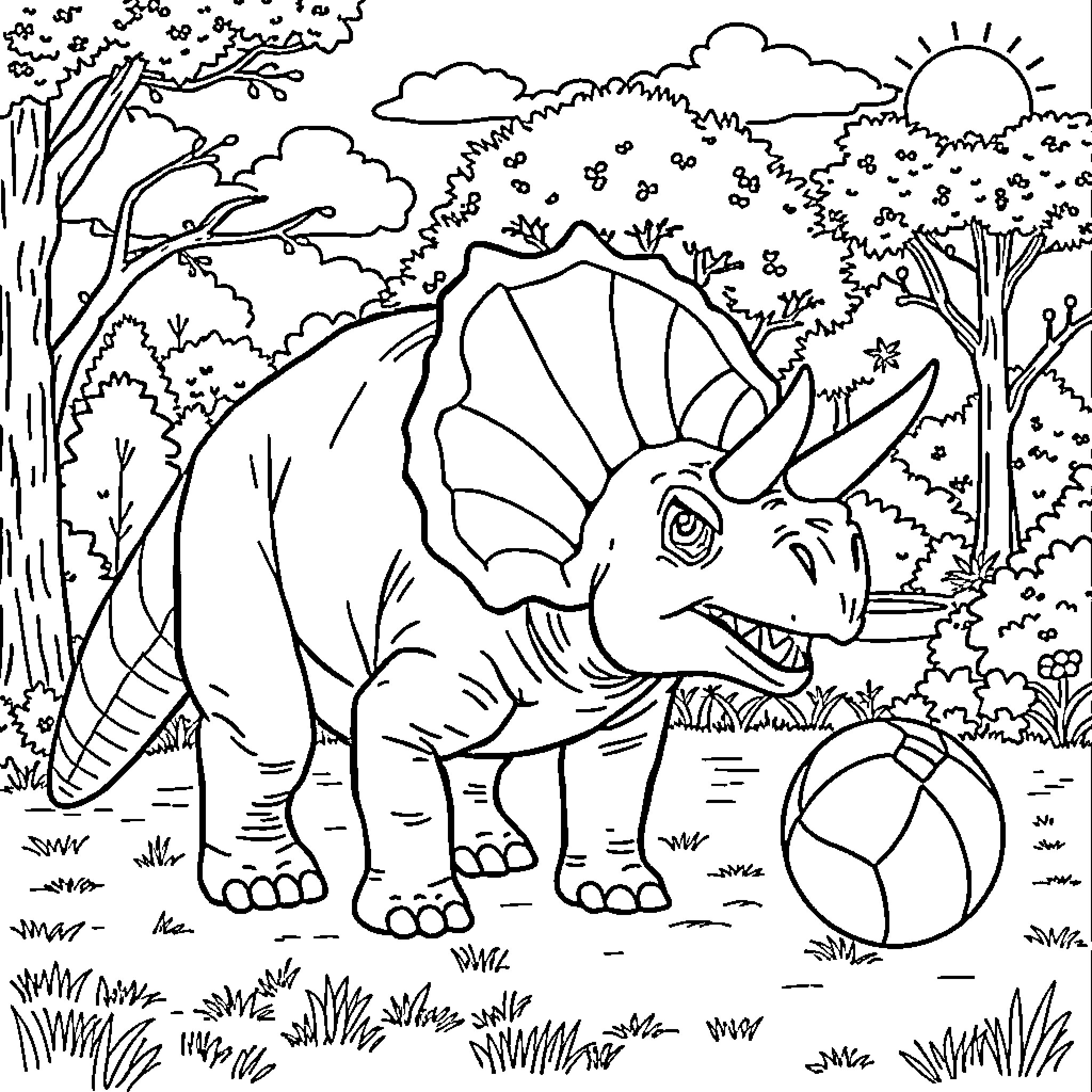 Triceratops playing with a ball in the forest Coloring Page (free black-and-white line drawing printable PDF for all, from beginners to advanced learners, including children, teens, adults, and seniors)