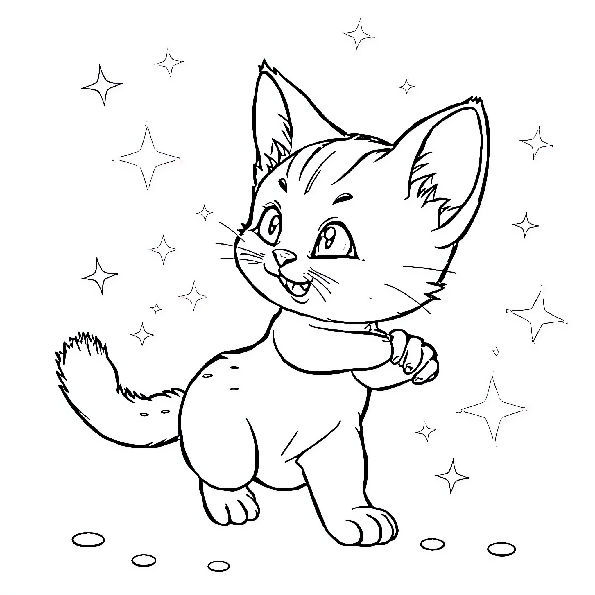 Mascota cat playing with stars in the night Coloring Page (free black-and-white line drawing printable PDF for all, from beginners to advanced learners, including children, teens, adults, and seniors)