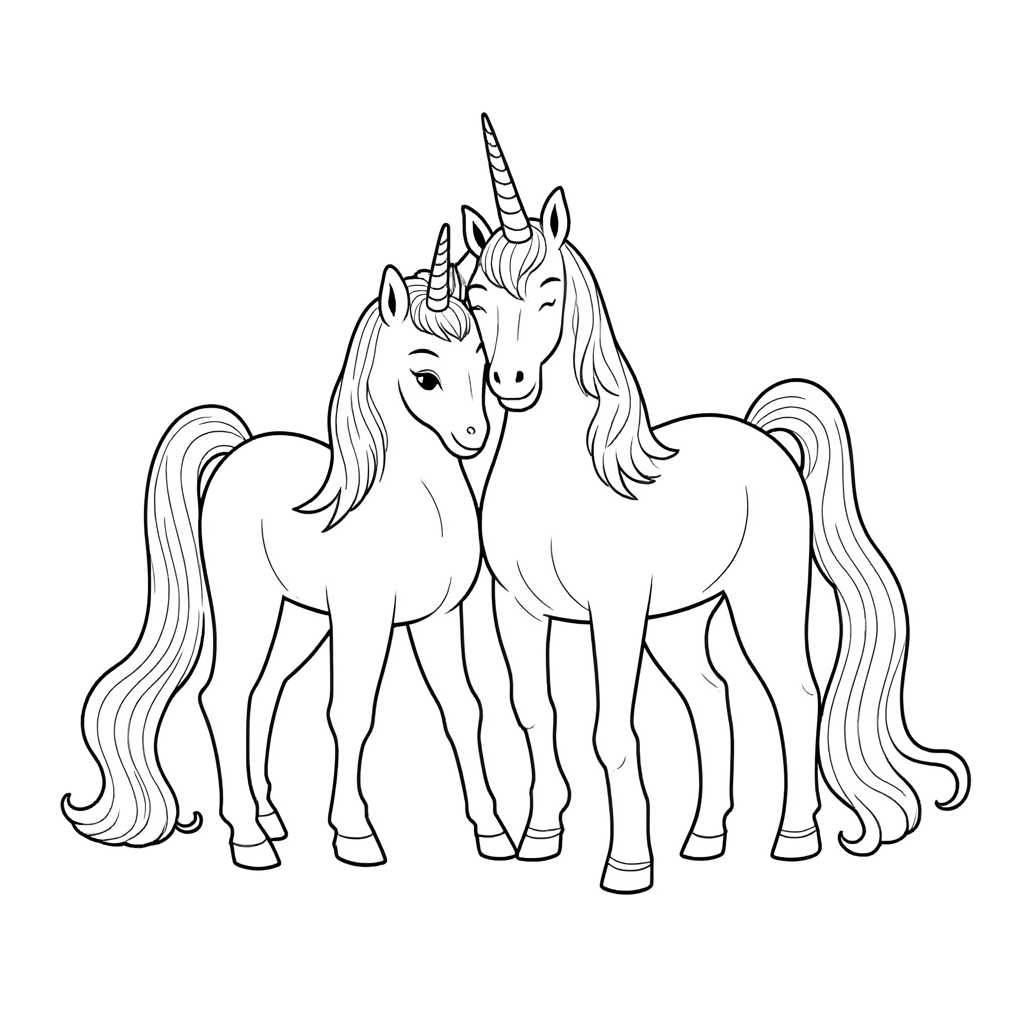 Unicorn pair frolicking joyfully Coloring Page (free black-and-white line drawing printable PDF for all, from beginners to advanced learners, including children, teens, adults, and seniors)