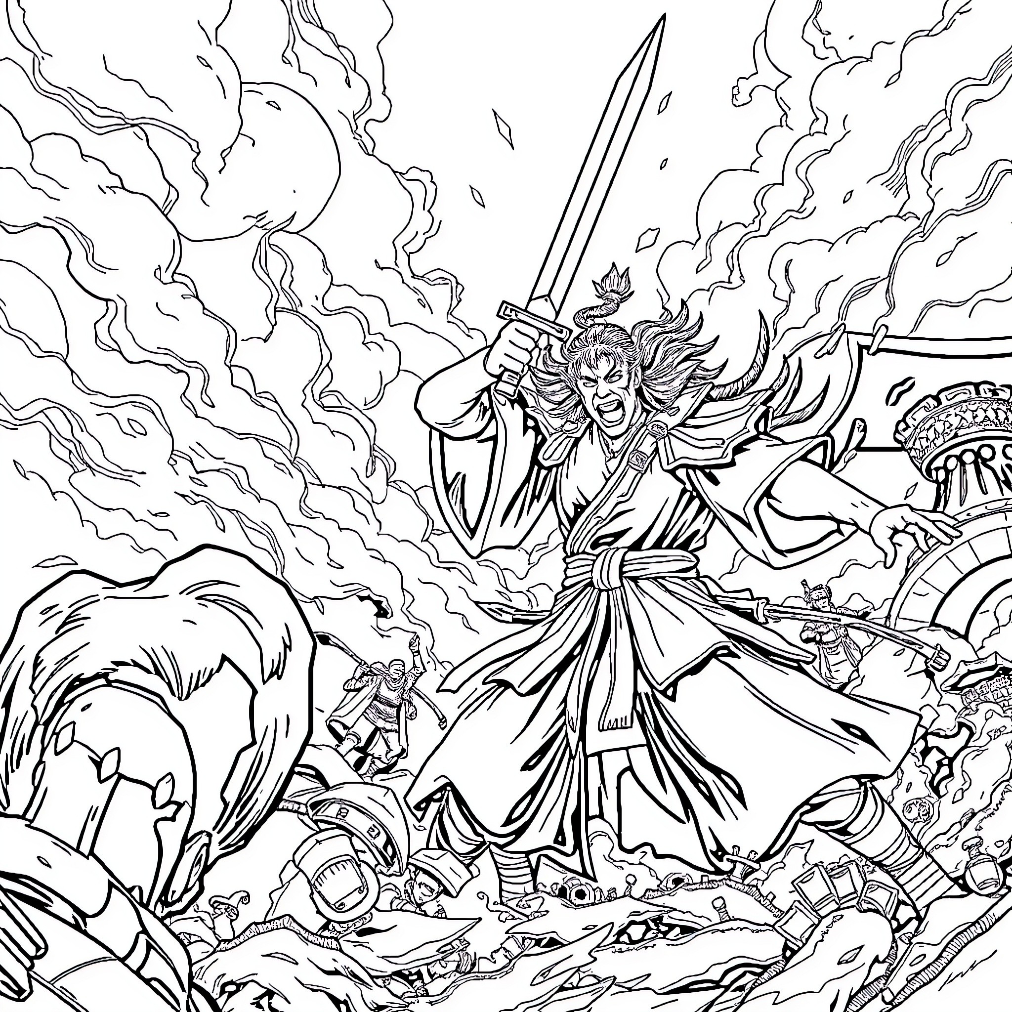Tanjiro's Fierce Battle Amidst Chaos Coloring Page (free black-and-white line drawing printable PDF for all, from beginners to advanced learners, including children, teens, adults, and seniors)