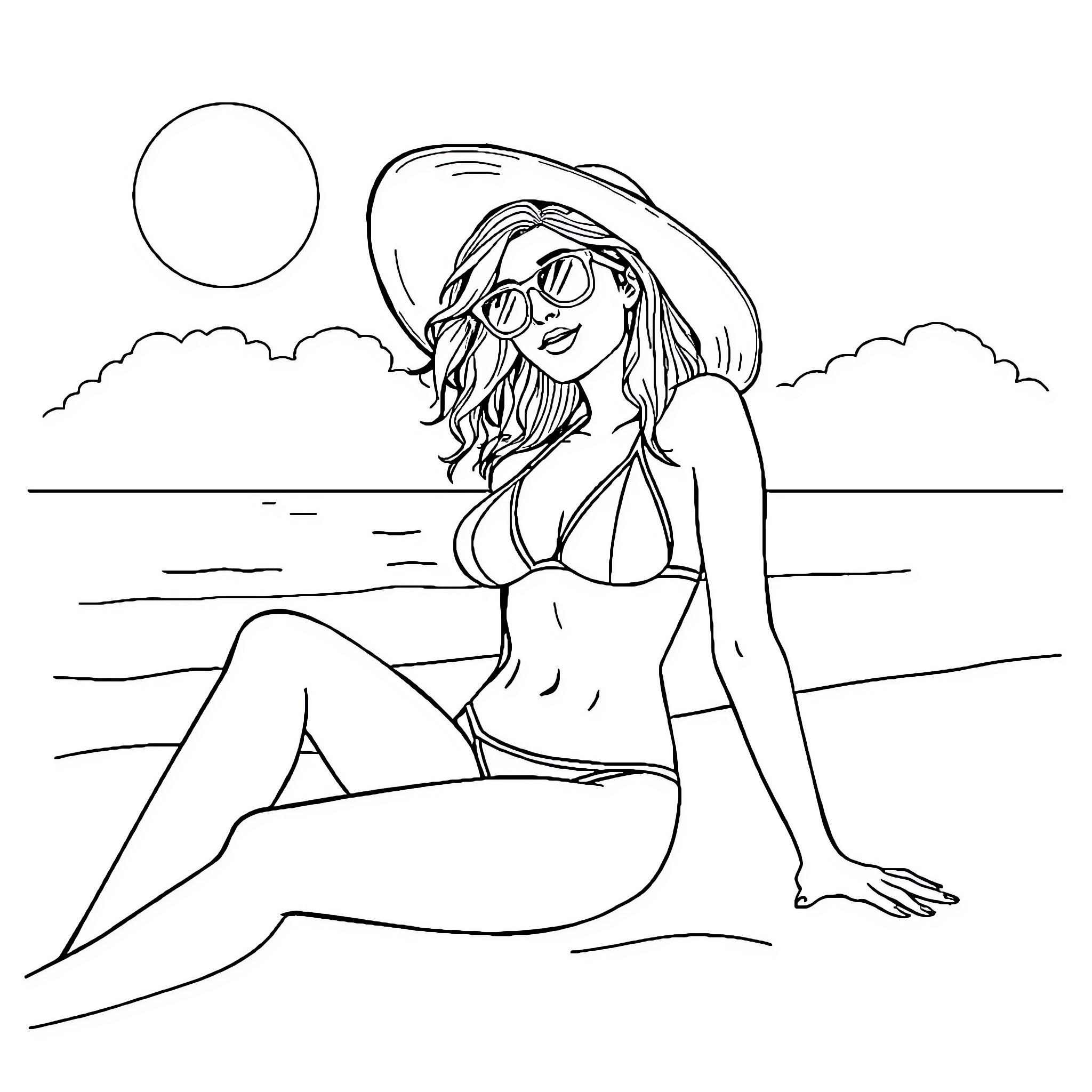 Woman relaxing on the beach Coloring Page (free black-and-white line drawing printable PDF for all, from beginners to advanced learners, including children, teens, adults, and seniors)