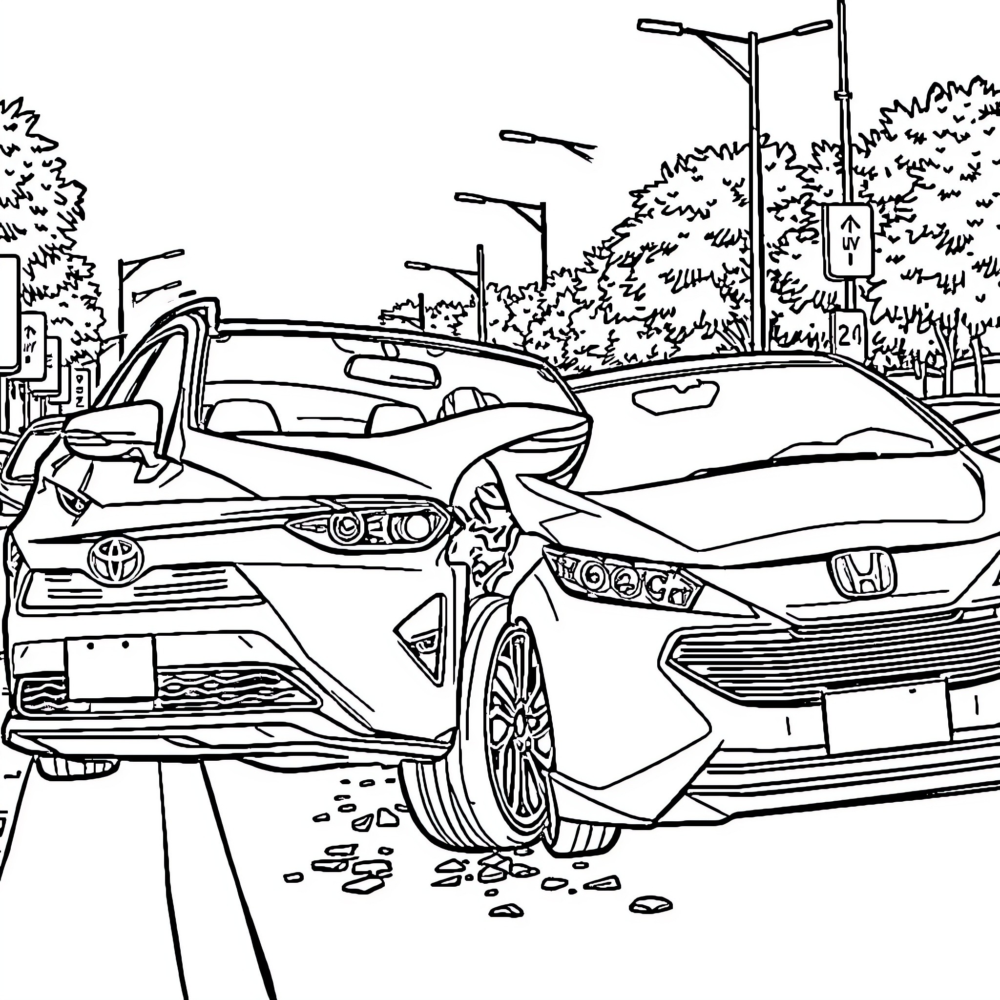 Car Collision on City Street Coloring Page (free black-and-white line drawing printable PDF for all, from beginners to advanced learners, including children, teens, adults, and seniors)