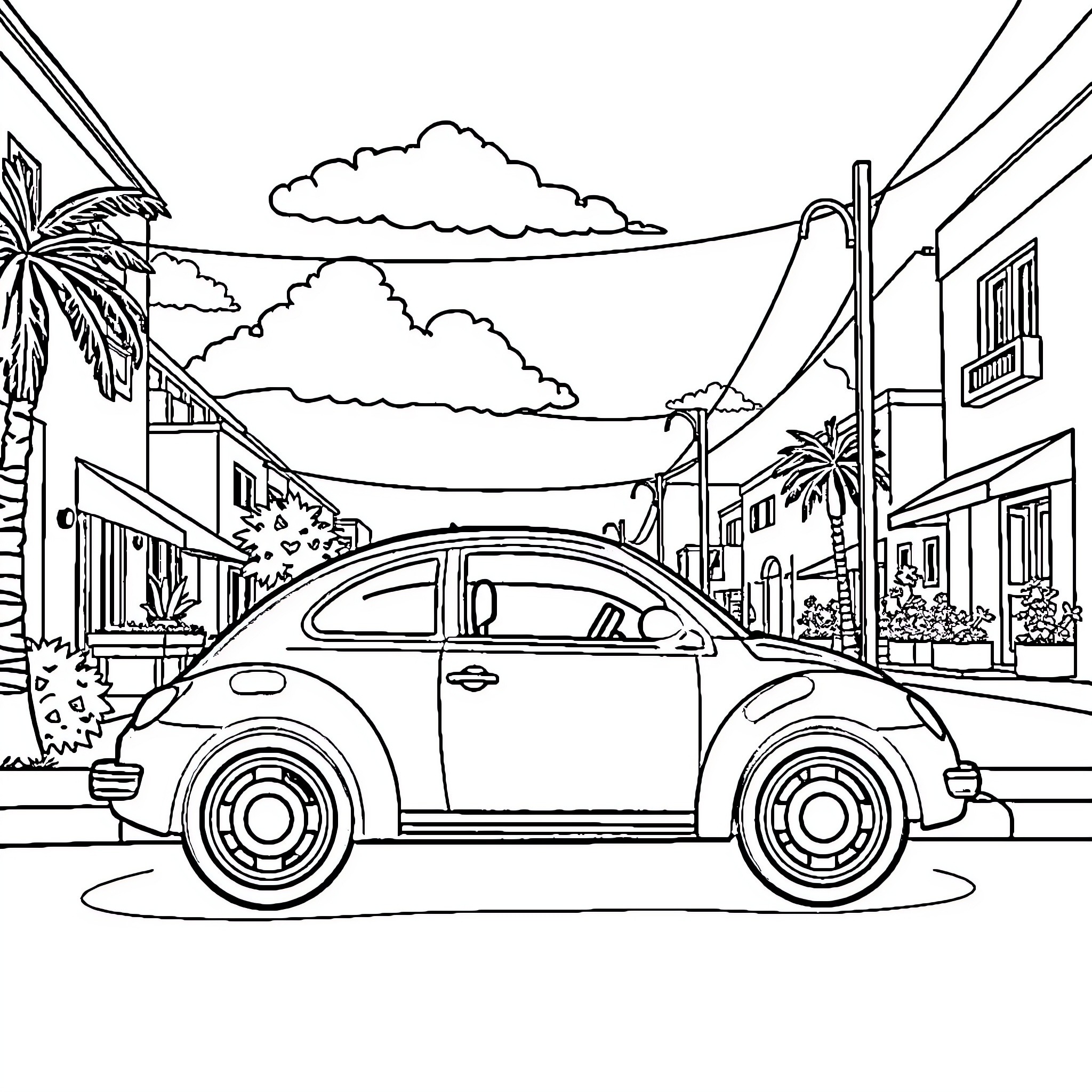 Car in a lively tropical town scene Coloring Page (free black-and-white line drawing printable PDF for all, from beginners to advanced learners, including children, teens, adults, and seniors)