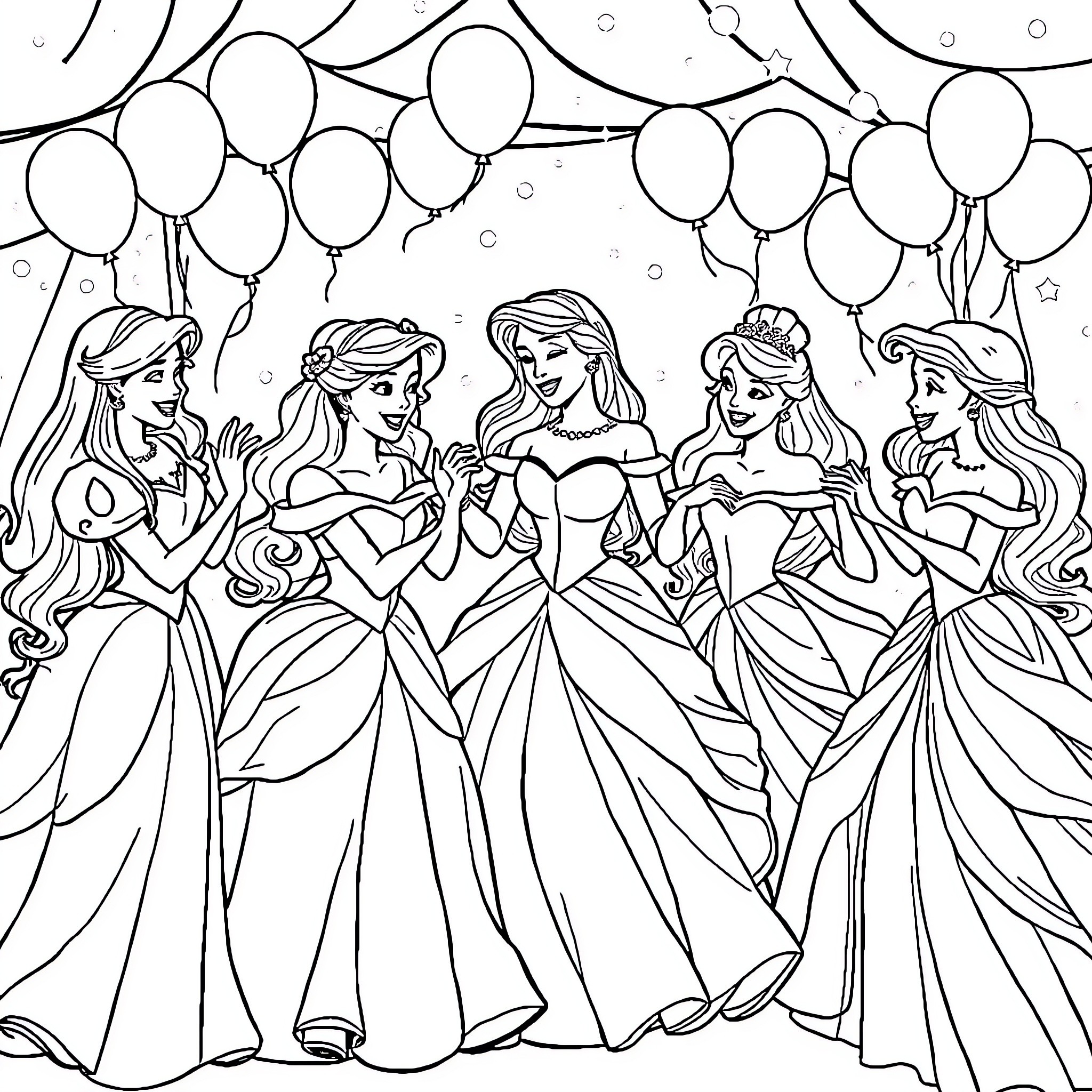 Disney Princesses in Formal Dresses with Balloons Coloring Page (free black-and-white line drawing printable PDF for all, from beginners to advanced learners, including children, teens, adults, and seniors)