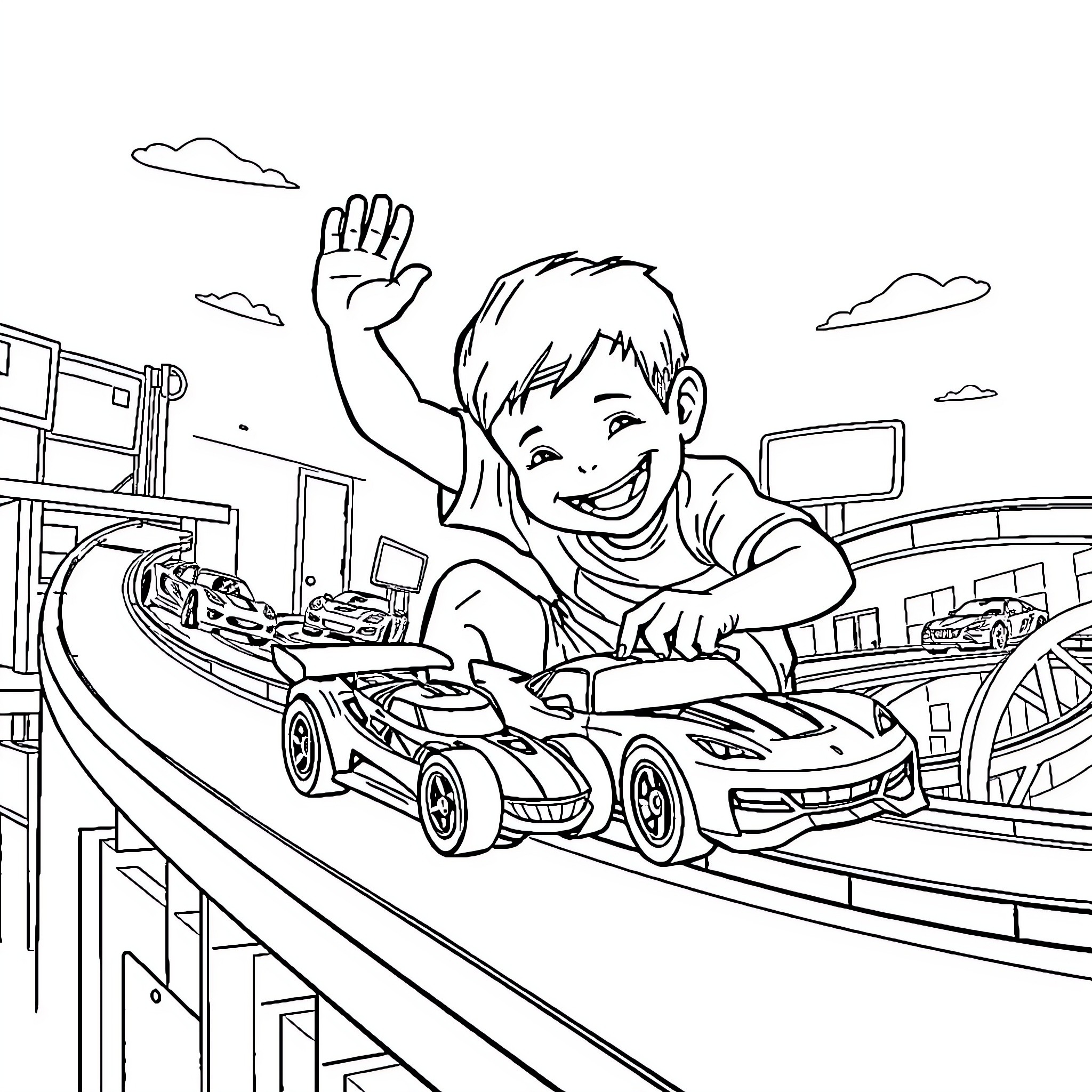 Kid Enjoying Toy Car Race Track Adventure Coloring Page (free black-and-white line drawing printable PDF for all, from beginners to advanced learners, including children, teens, adults, and seniors)