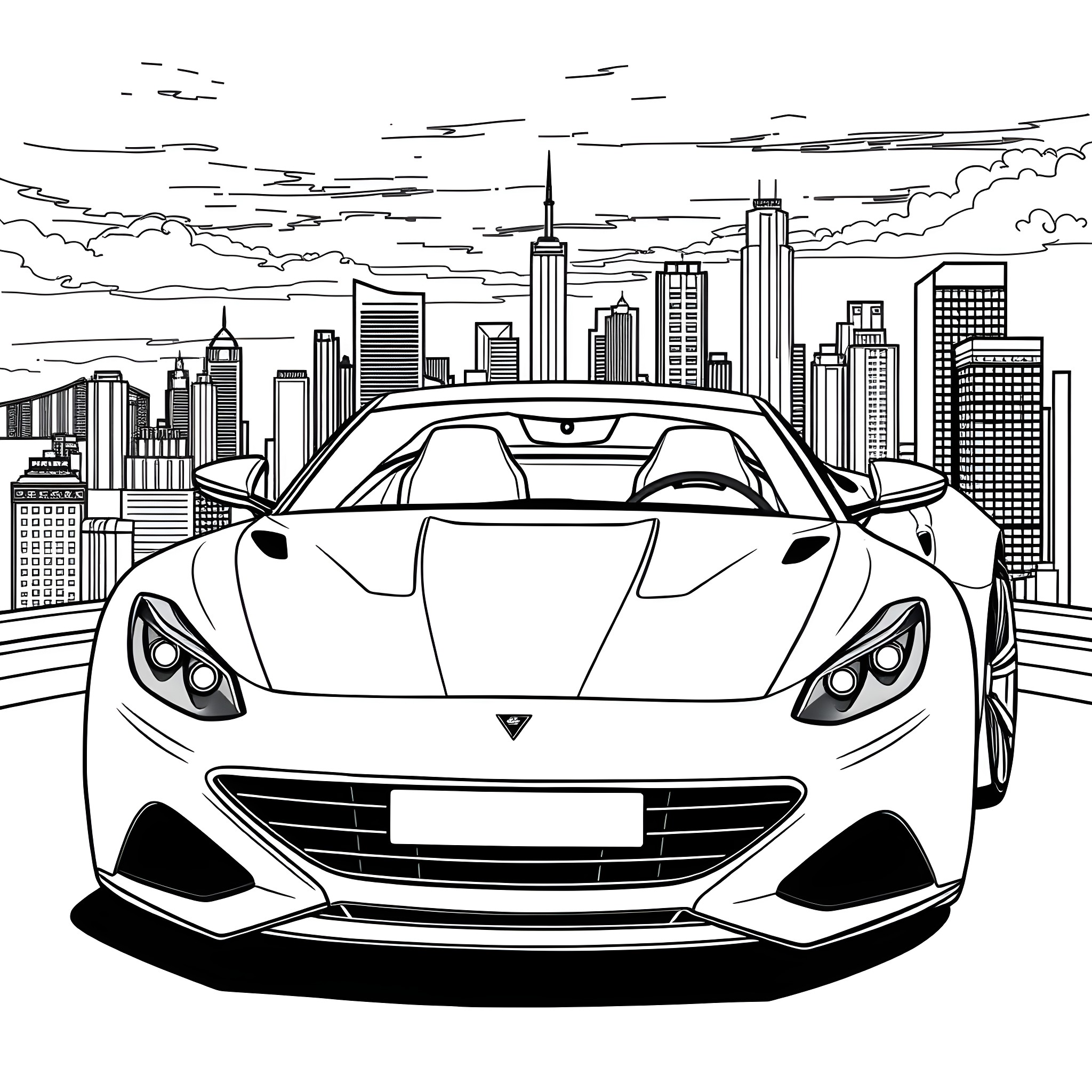 Car driving through the city skyline Coloring Page (free black-and-white line drawing printable PDF for all, from beginners to advanced learners, including children, teens, adults, and seniors)
