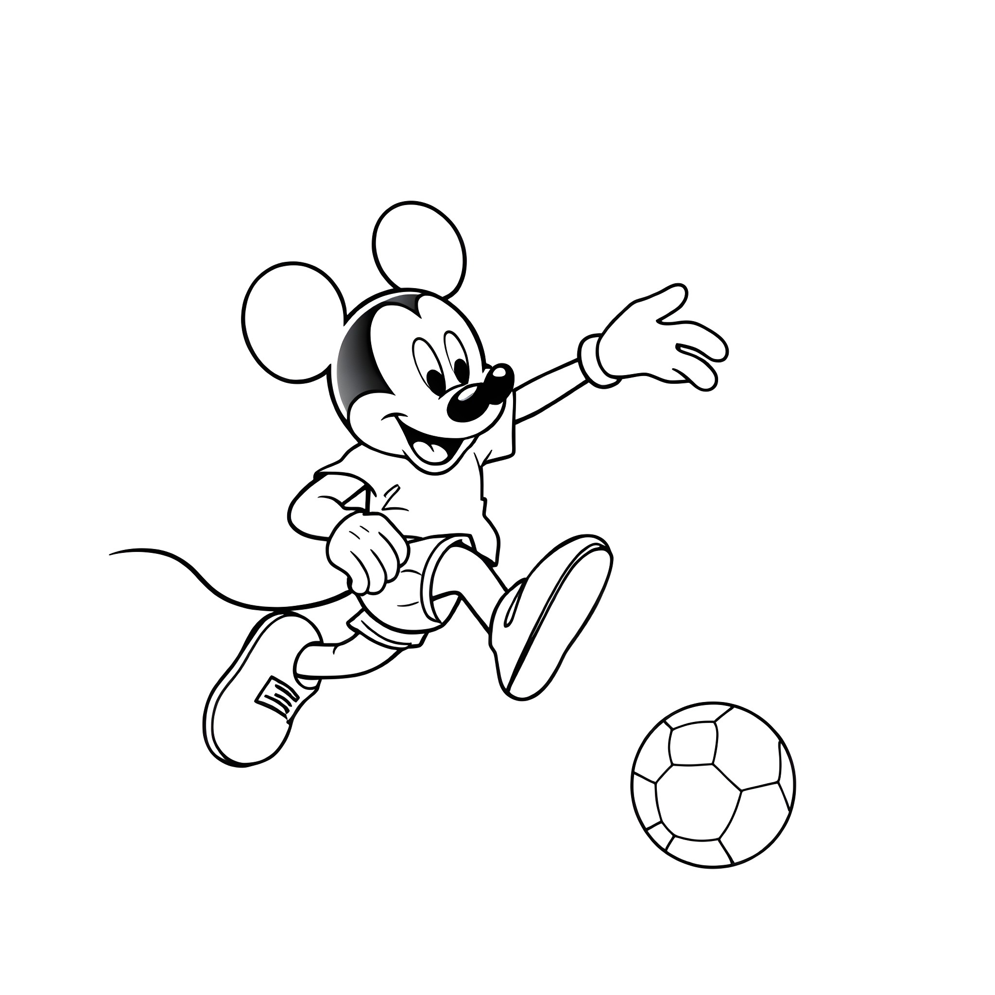 Mickey Mouse playing with soccer ball Coloring Page (free black-and-white line drawing printable PDF for all, from beginners to advanced learners, including children, teens, adults, and seniors)