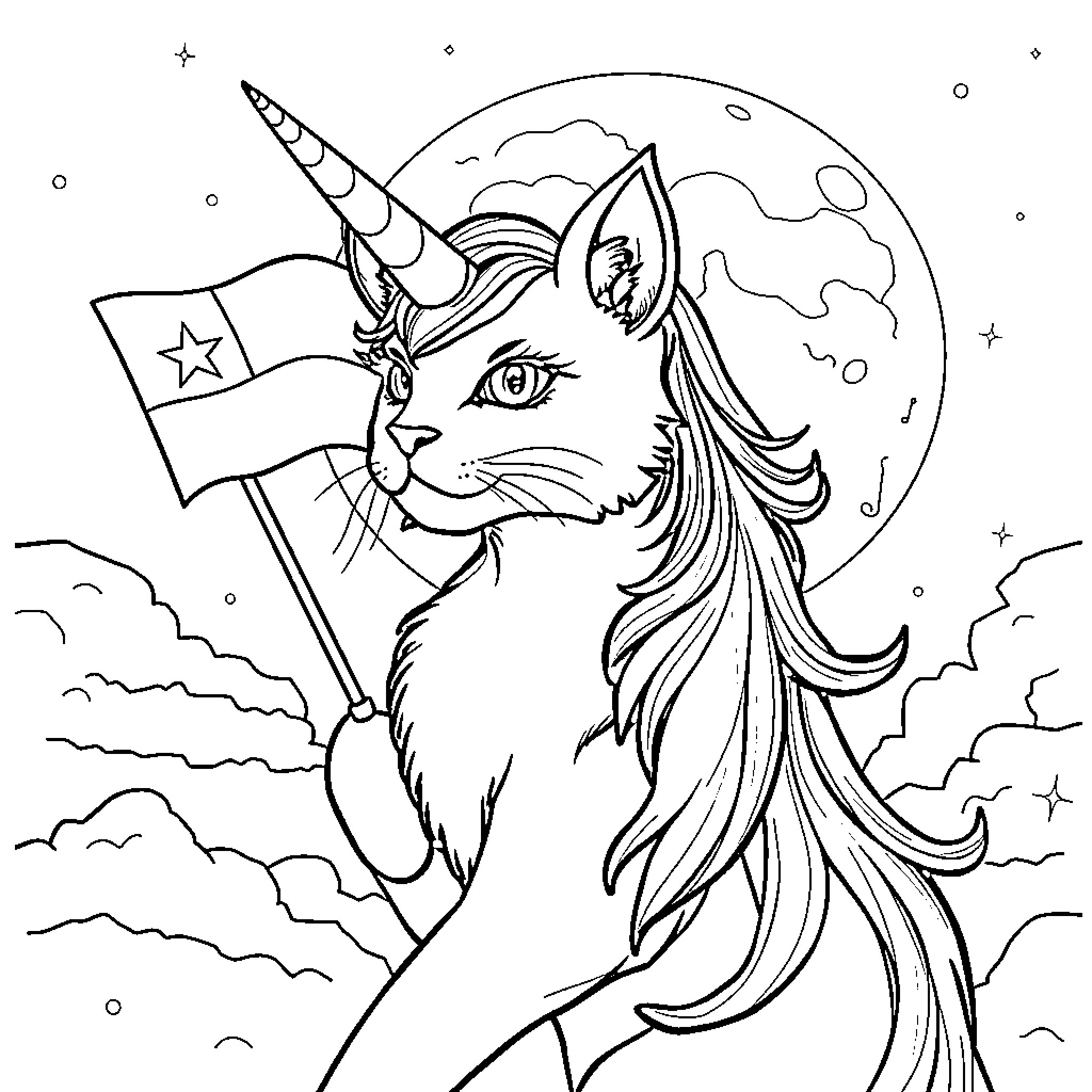 Cat Unicorn in Celestial Dream Coloring Page (free black-and-white line drawing printable PDF for all, from beginners to advanced learners, including children, teens, adults, and seniors)