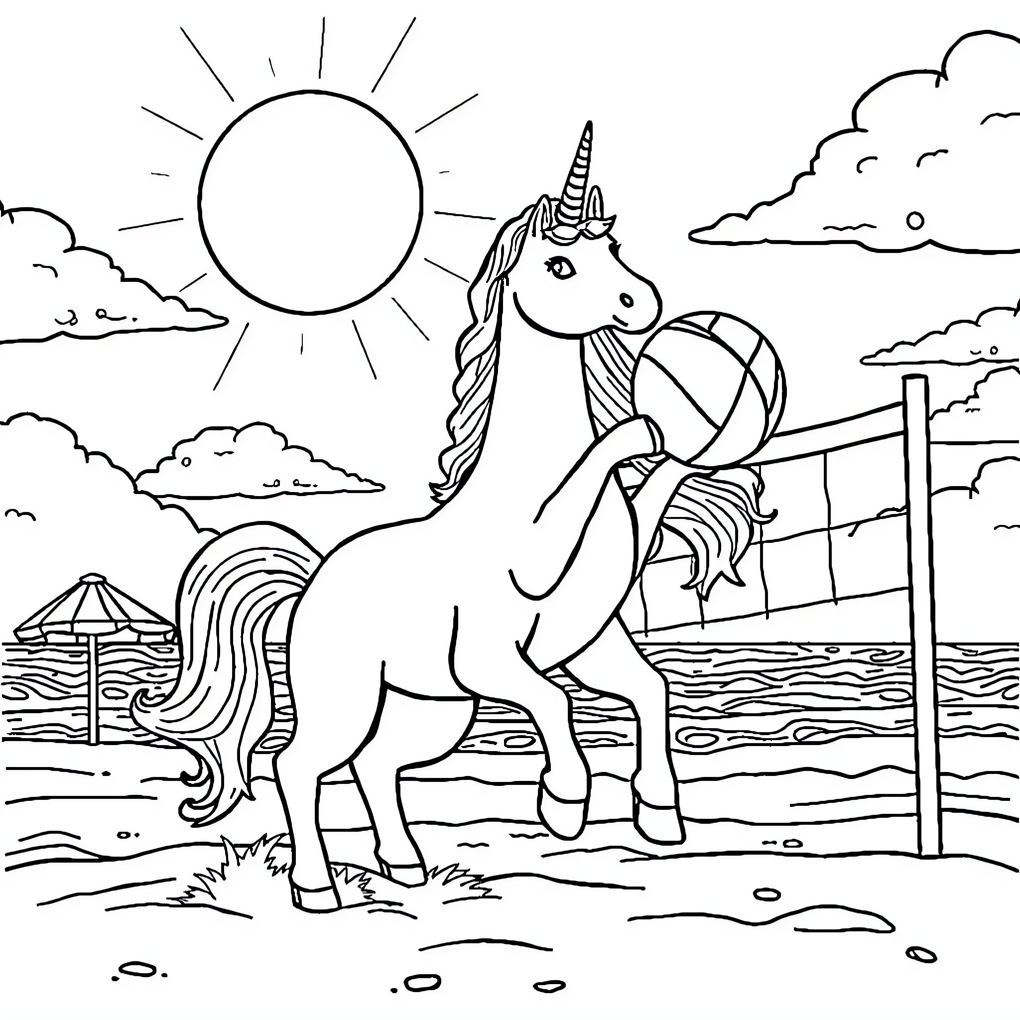 Unicorn standing proudly on the beach Coloring Page (free black-and-white line drawing printable PDF for all, from beginners to advanced learners, including children, teens, adults, and seniors)