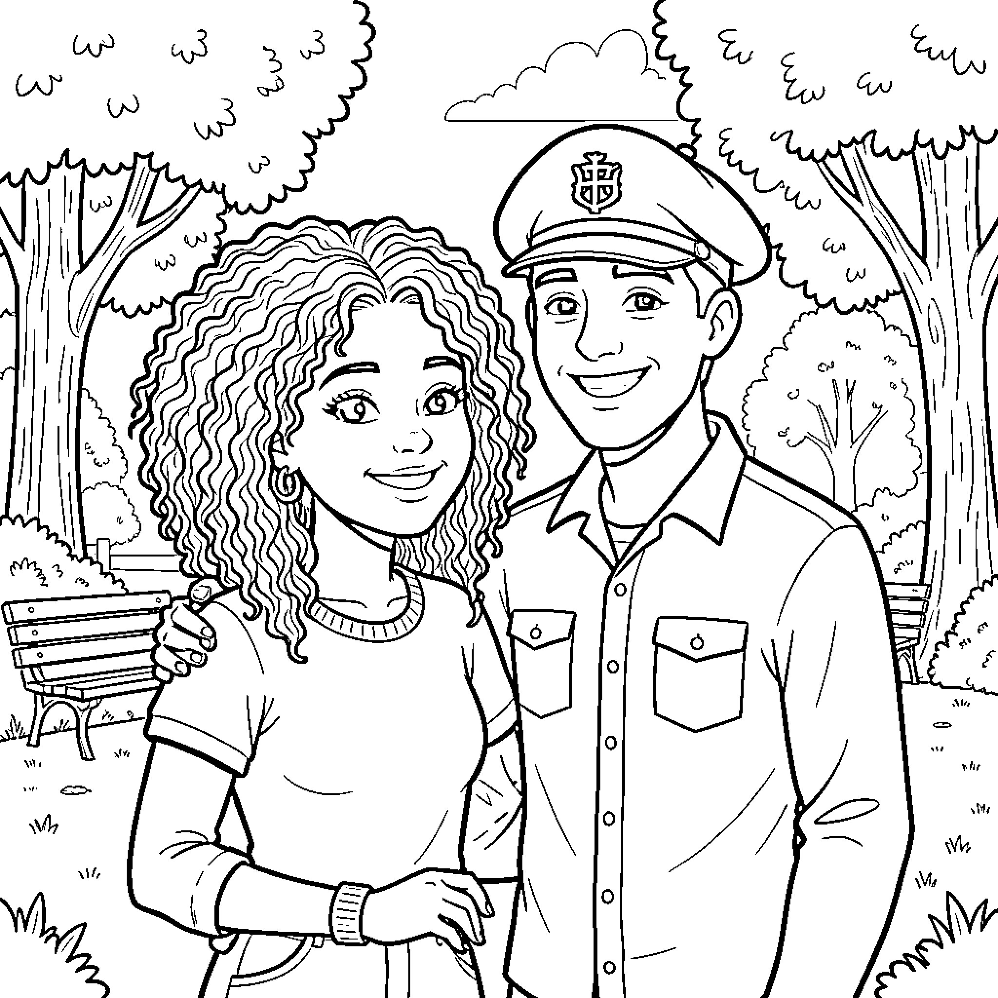 Chica and the Park Ranger Exploring Nature Coloring Page (free black-and-white line drawing printable PDF for all, from beginners to advanced learners, including children, teens, adults, and seniors)