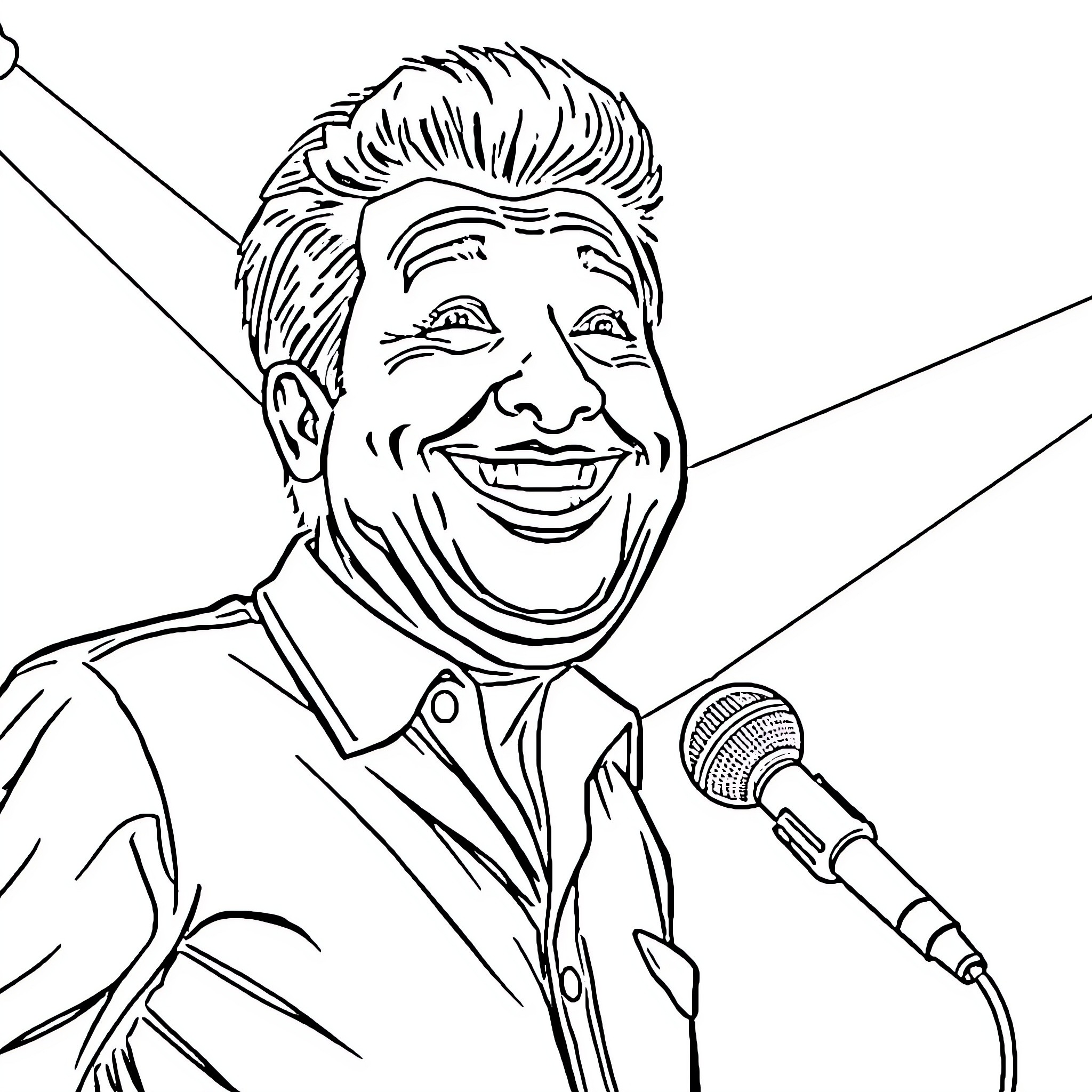 Bobby Lee Performing with Microphone and Smile Coloring Page (free black-and-white line drawing printable PDF for all, from beginners to advanced learners, including children, teens, adults, and seniors)