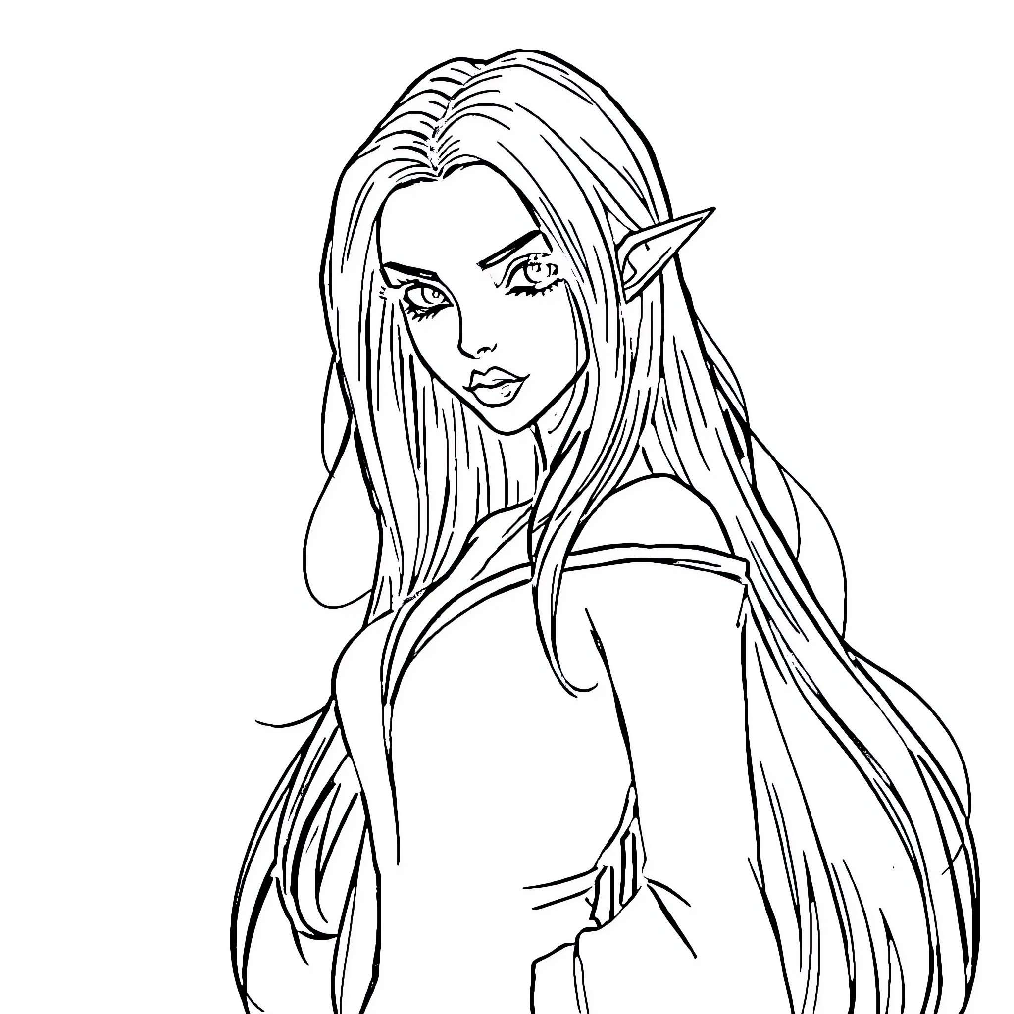Vampire woman with long flowing hair Coloring Page (free black-and-white line drawing printable PDF for all, from beginners to advanced learners, including children, teens, adults, and seniors)
