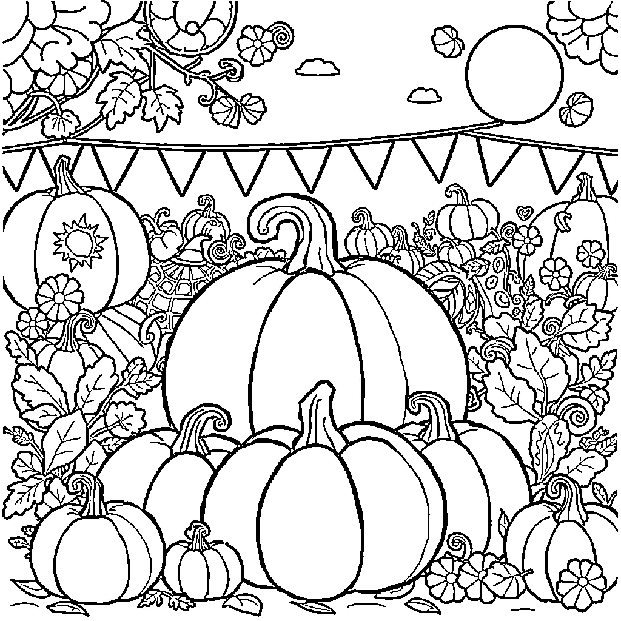 Pumpkin patch with festive decorations Coloring Page (free black-and-white line drawing printable PDF for all, from beginners to advanced learners, including children, teens, adults, and seniors)