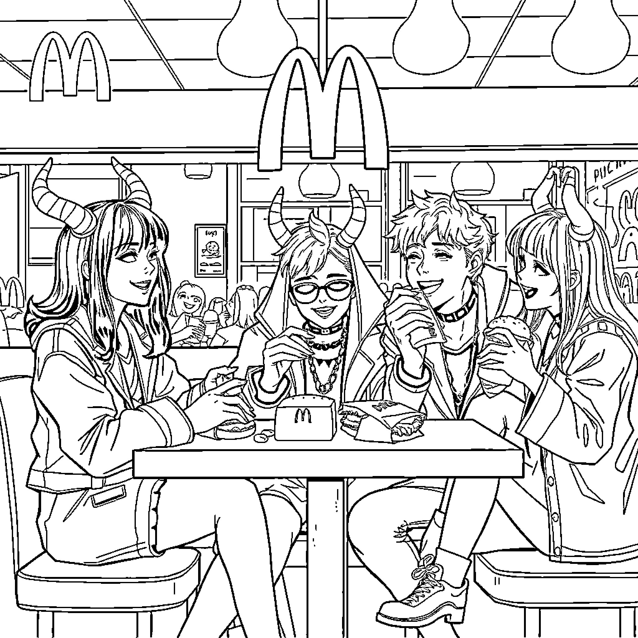 Rumi and friends enjoying fast food at a restaurant Coloring Page (free black-and-white line drawing printable PDF for all, from beginners to advanced learners, including children, teens, adults, and seniors)