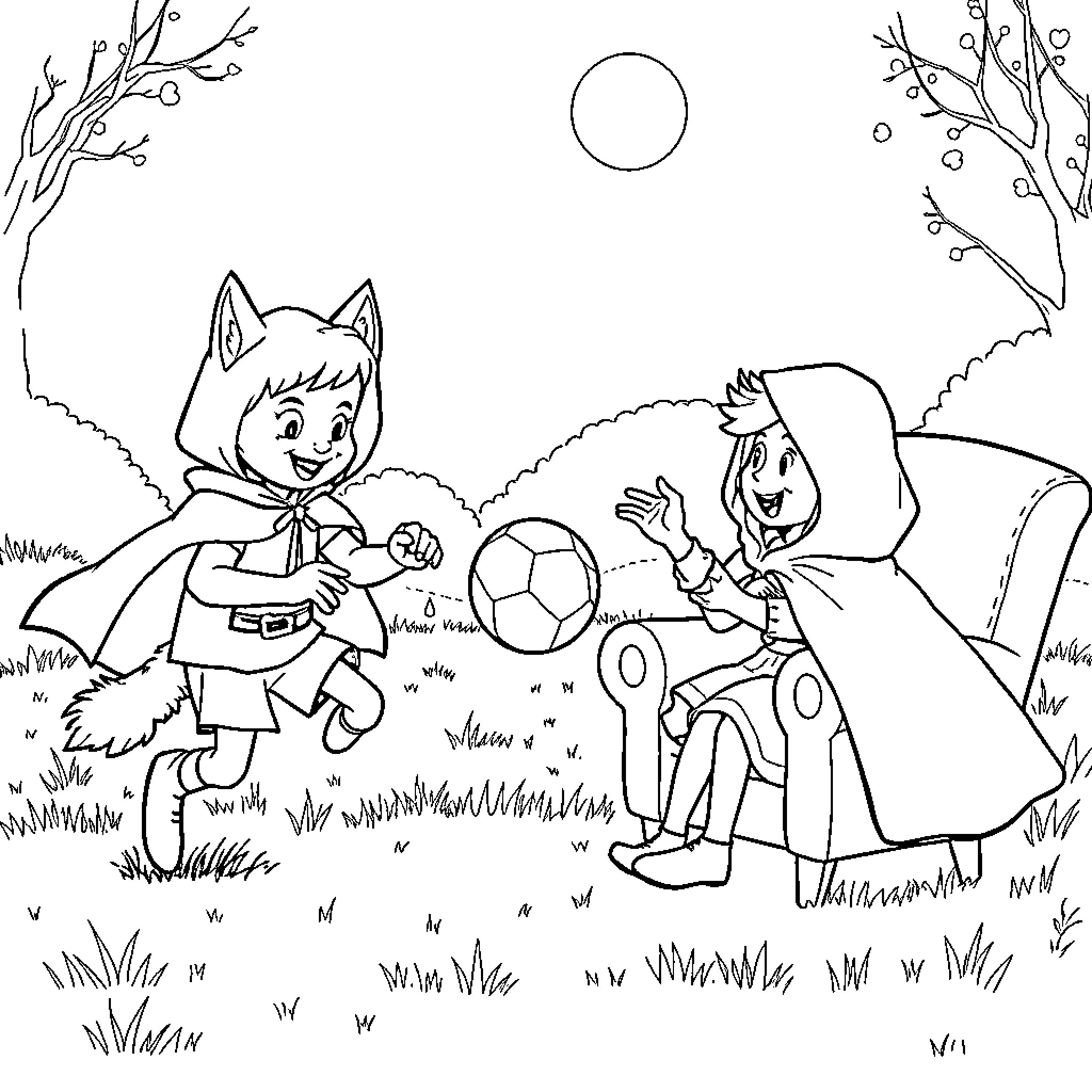 Red Riding Hood and the Wolf playing soccer in the woods Coloring Page (free black-and-white line drawing printable PDF for all, from beginners to advanced learners, including children, teens, adults, and seniors)