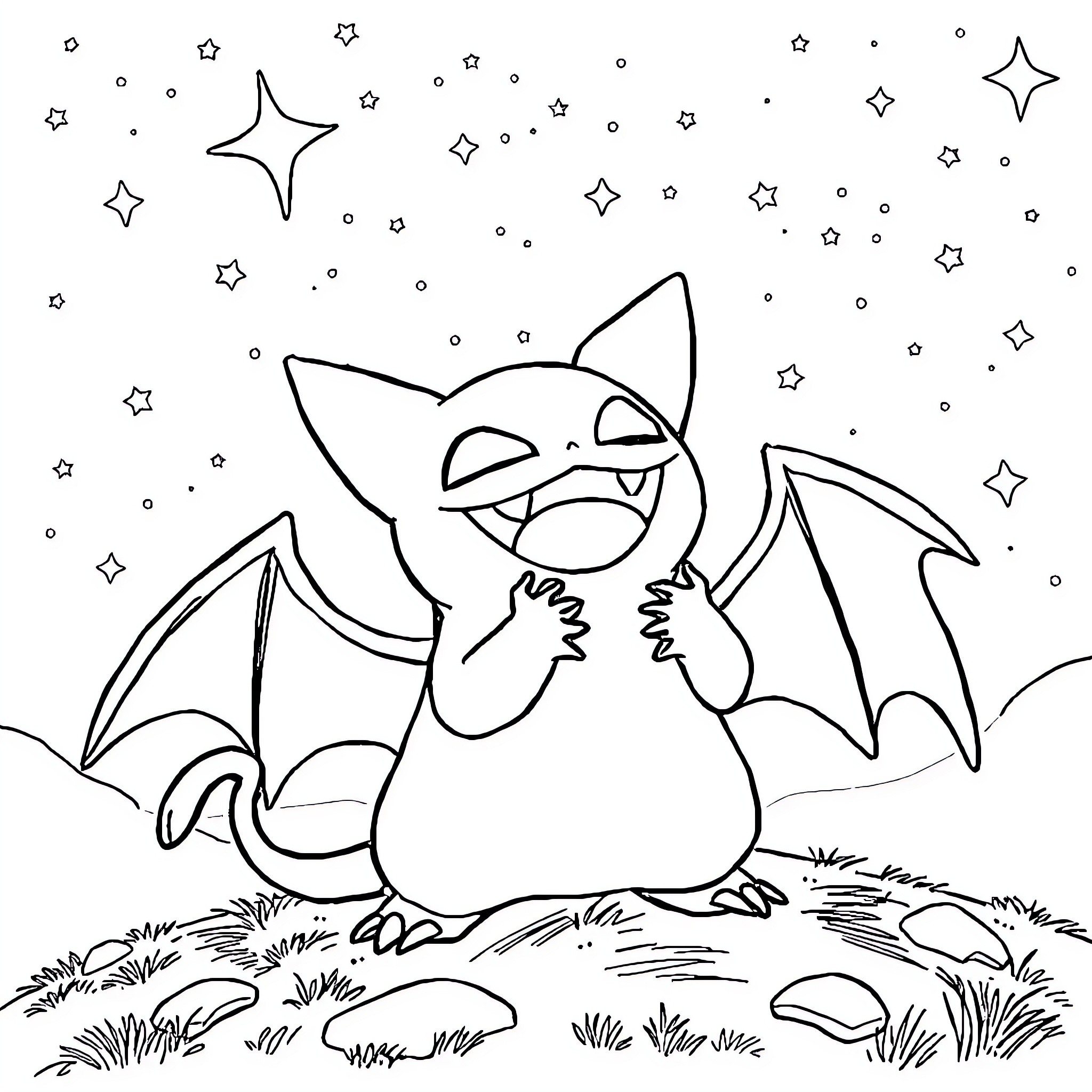 Gengar playing mischievously in the starry night Coloring Page (free black-and-white line drawing printable PDF for all, from beginners to advanced learners, including children, teens, adults, and seniors)