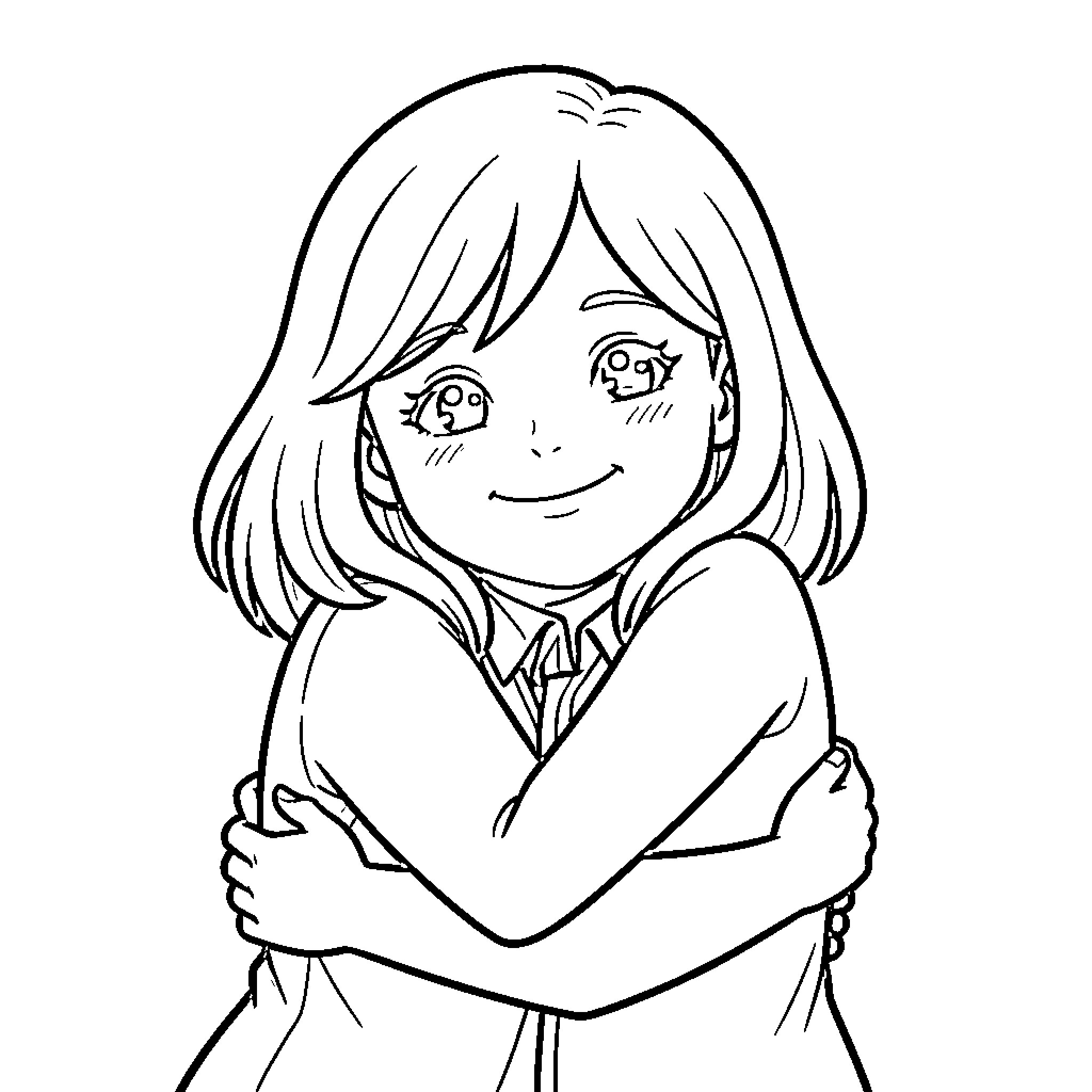 Fille smiling warmly while hugging herself Coloring Page (free black-and-white line drawing printable PDF for all, from beginners to advanced learners, including children, teens, adults, and seniors)