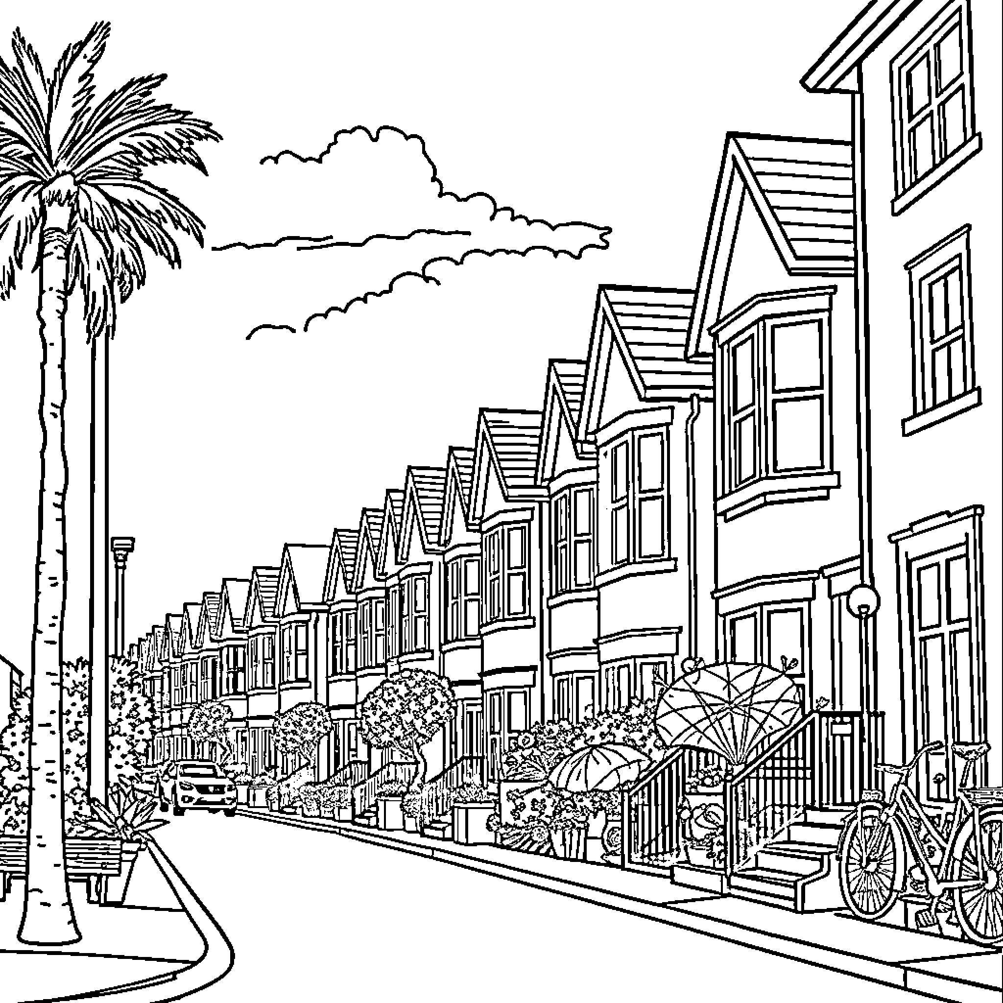 House of coastal town with palm trees and umbrellas Coloring Page (free black-and-white line drawing printable PDF for all, from beginners to advanced learners, including children, teens, adults, and seniors)