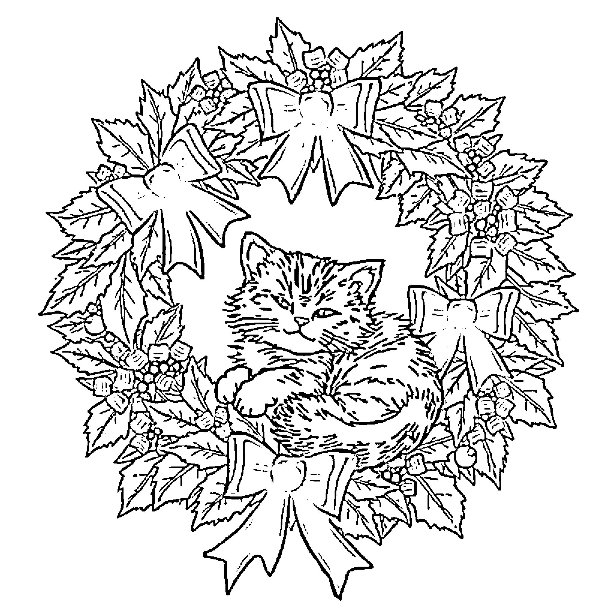 Cat in Festive Holiday Wreath Coloring Page (free black-and-white line drawing printable PDF for all, from beginners to advanced learners, including children, teens, adults, and seniors)