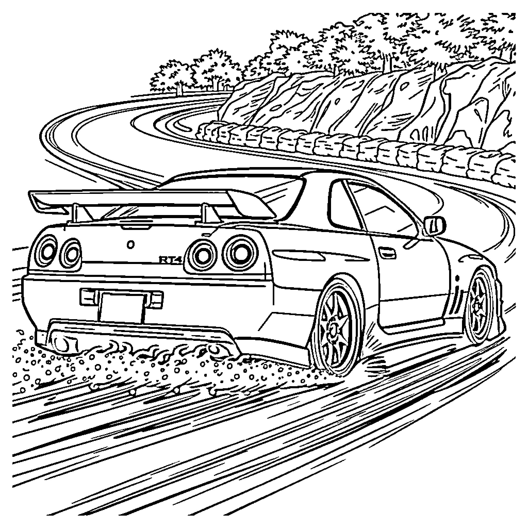 Nissan Skyline racing on winding road Coloring Page (free black-and-white line drawing printable PDF for all, from beginners to advanced learners, including children, teens, adults, and seniors)