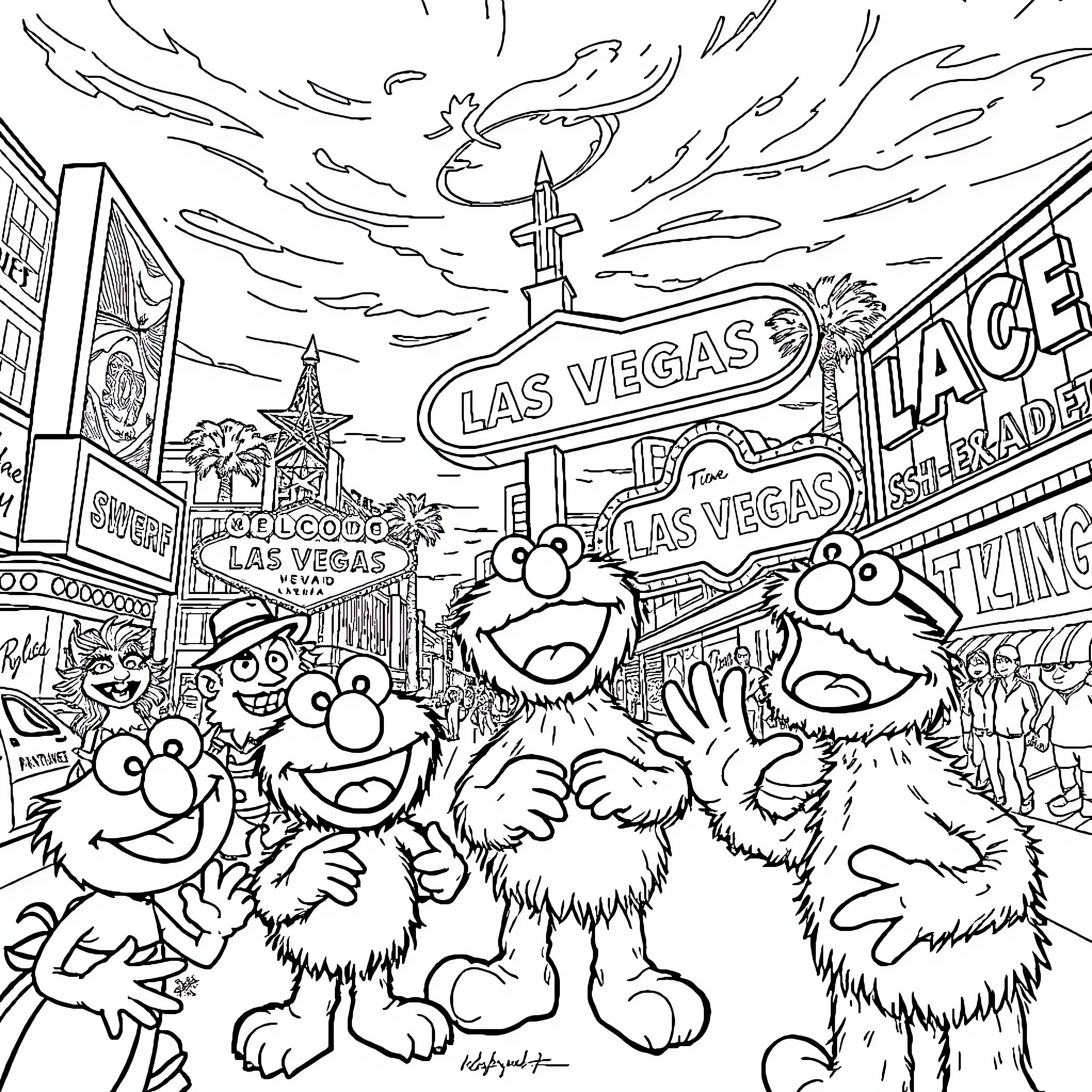 Sesame Street Characters Exploring the Vibrant Las Vegas Strip Coloring Page (free black-and-white line drawing printable PDF for all, from beginners to advanced learners, including children, teens, adults, and seniors)