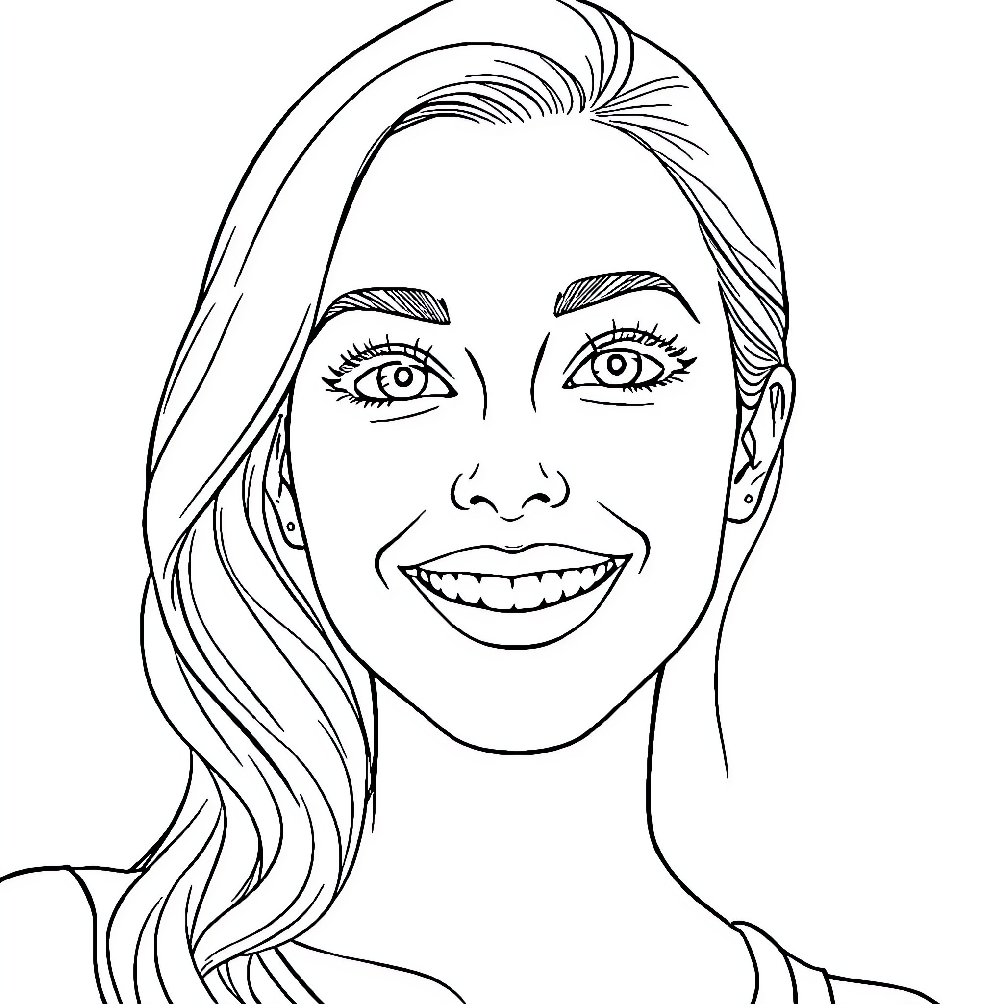 Woman Smiling Joyfully with Long Hair Coloring Page (free black-and-white line drawing printable PDF for all, from beginners to advanced learners, including children, teens, adults, and seniors)