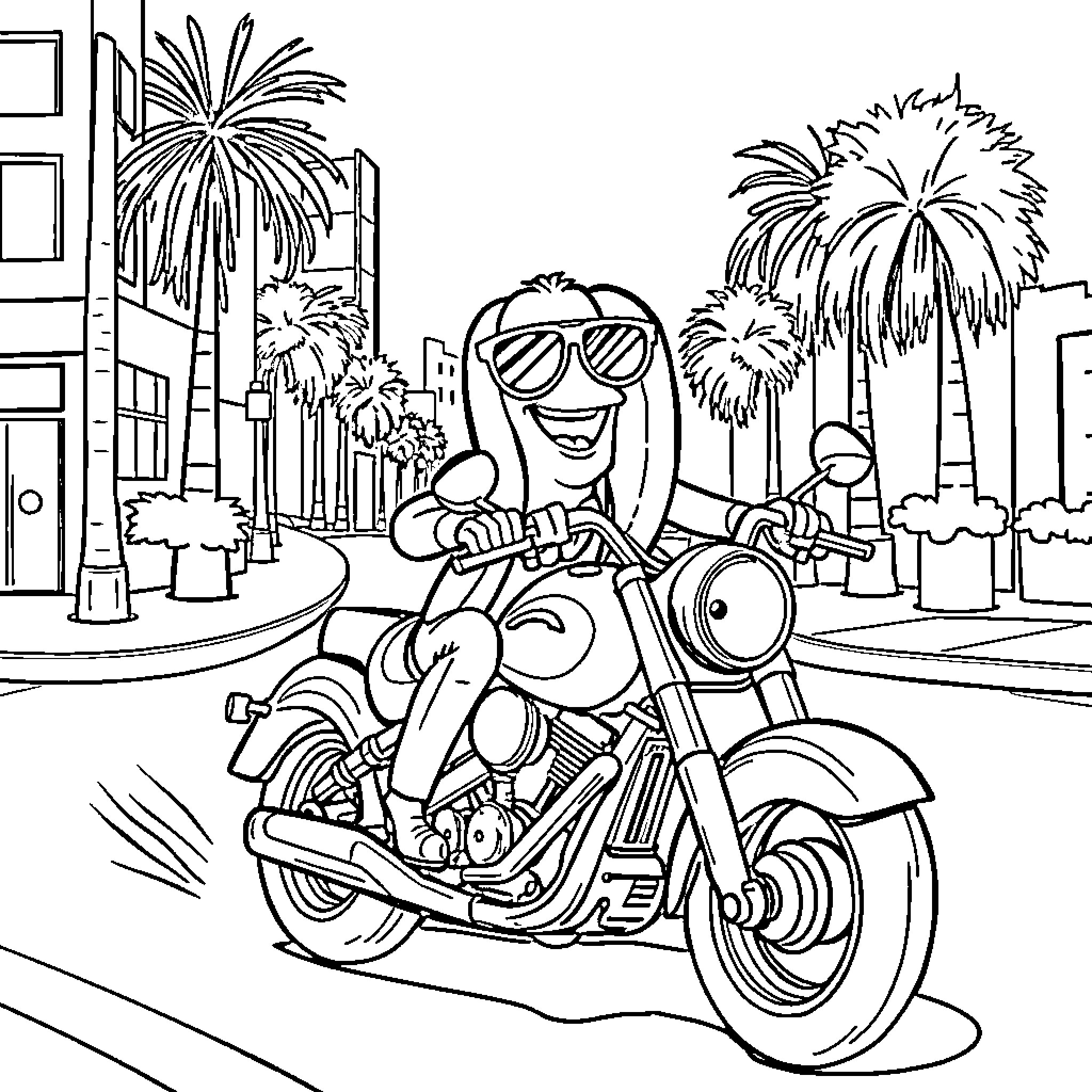 Hotdog riding motorcycle down palm-lined street Coloring Page (free black-and-white line drawing printable PDF for all, from beginners to advanced learners, including children, teens, adults, and seniors)