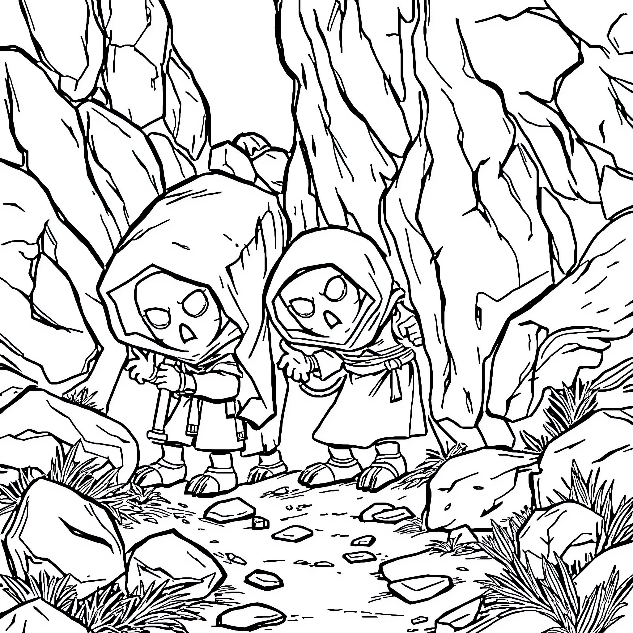 Golem figures in a mysterious rocky landscape Coloring Page (free black-and-white line drawing printable PDF for all, from beginners to advanced learners, including children, teens, adults, and seniors)