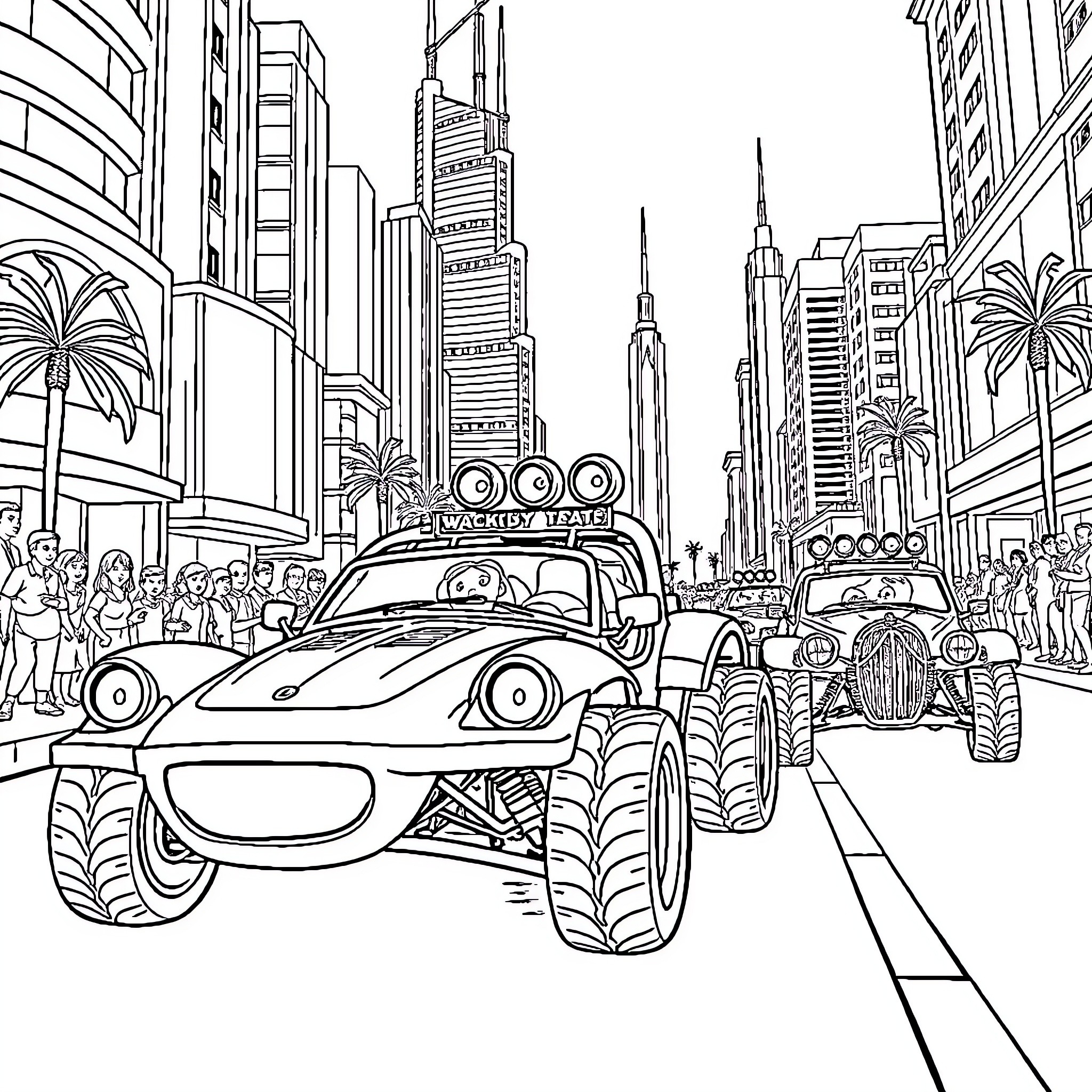 Cars in a Bustling City Scene Coloring Page (free black-and-white line drawing printable PDF for all, from beginners to advanced learners, including children, teens, adults, and seniors)