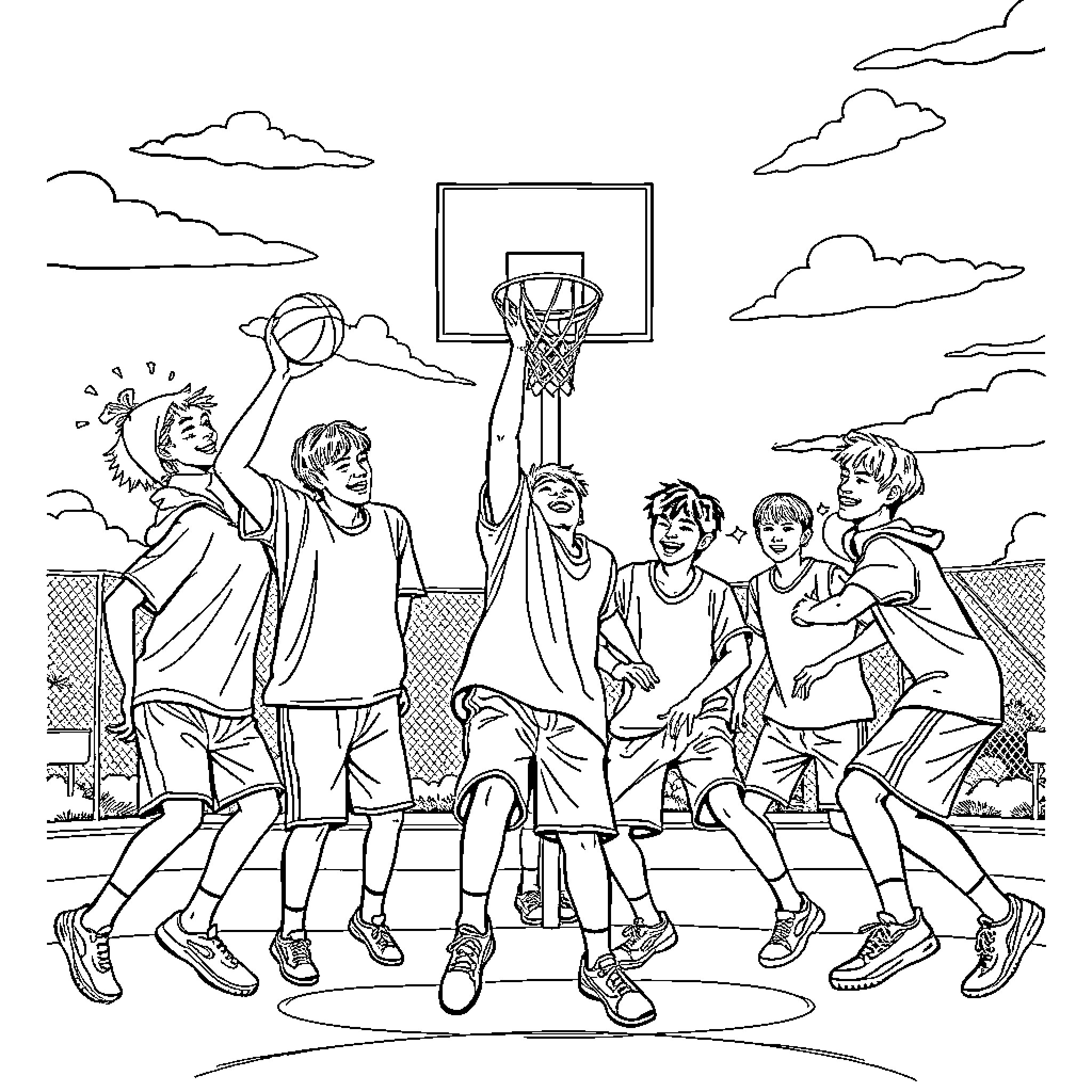 Stray Kids playing basketball on the court Coloring Page (free black-and-white line drawing printable PDF for all, from beginners to advanced learners, including children, teens, adults, and seniors)