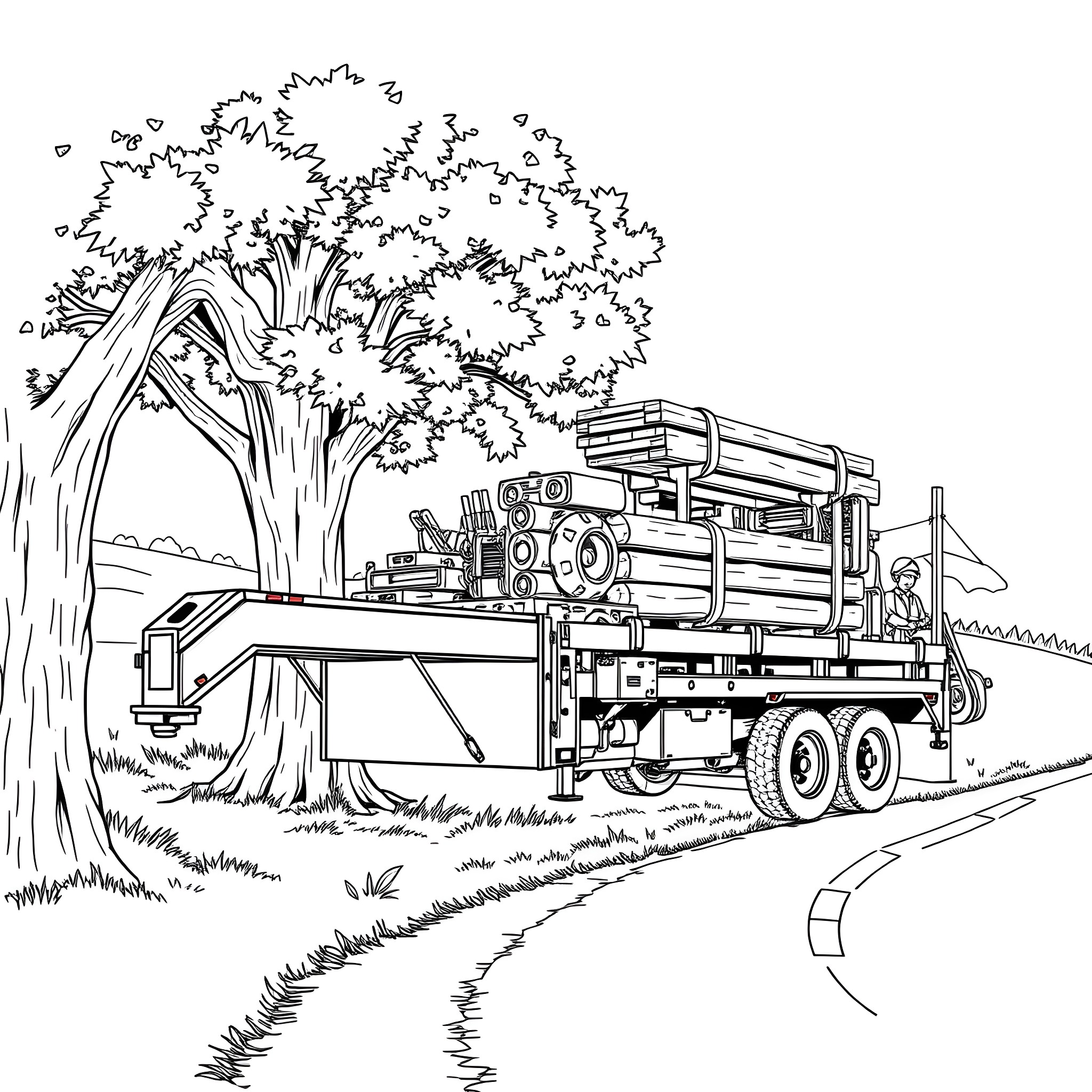 Gooseneck Trailer Transporting Equipment in Scenic Countryside Coloring Page (free black-and-white line drawing printable PDF for all, from beginners to advanced learners, including children, teens, adults, and seniors)