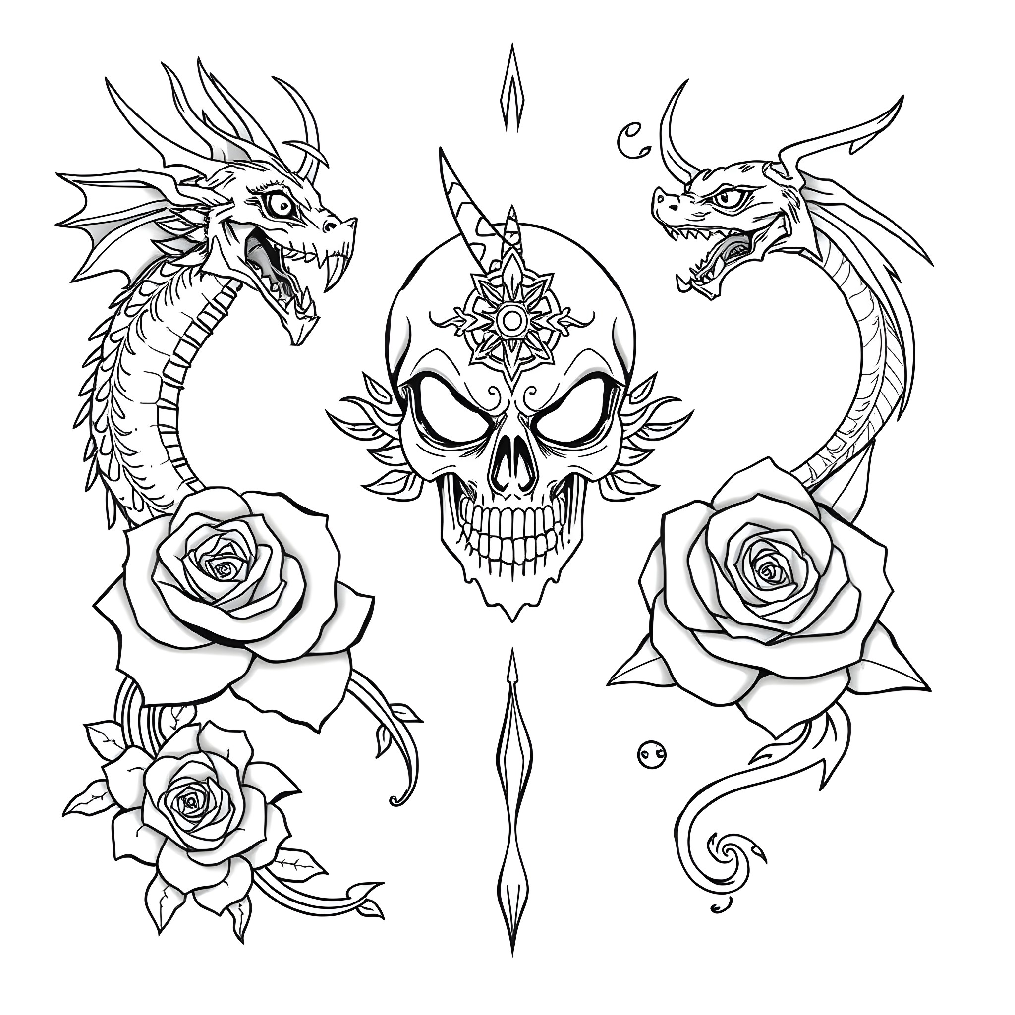 Tattoo of dragons, skull, and roses Coloring Page (free black-and-white line drawing printable PDF for all, from beginners to advanced learners, including children, teens, adults, and seniors)