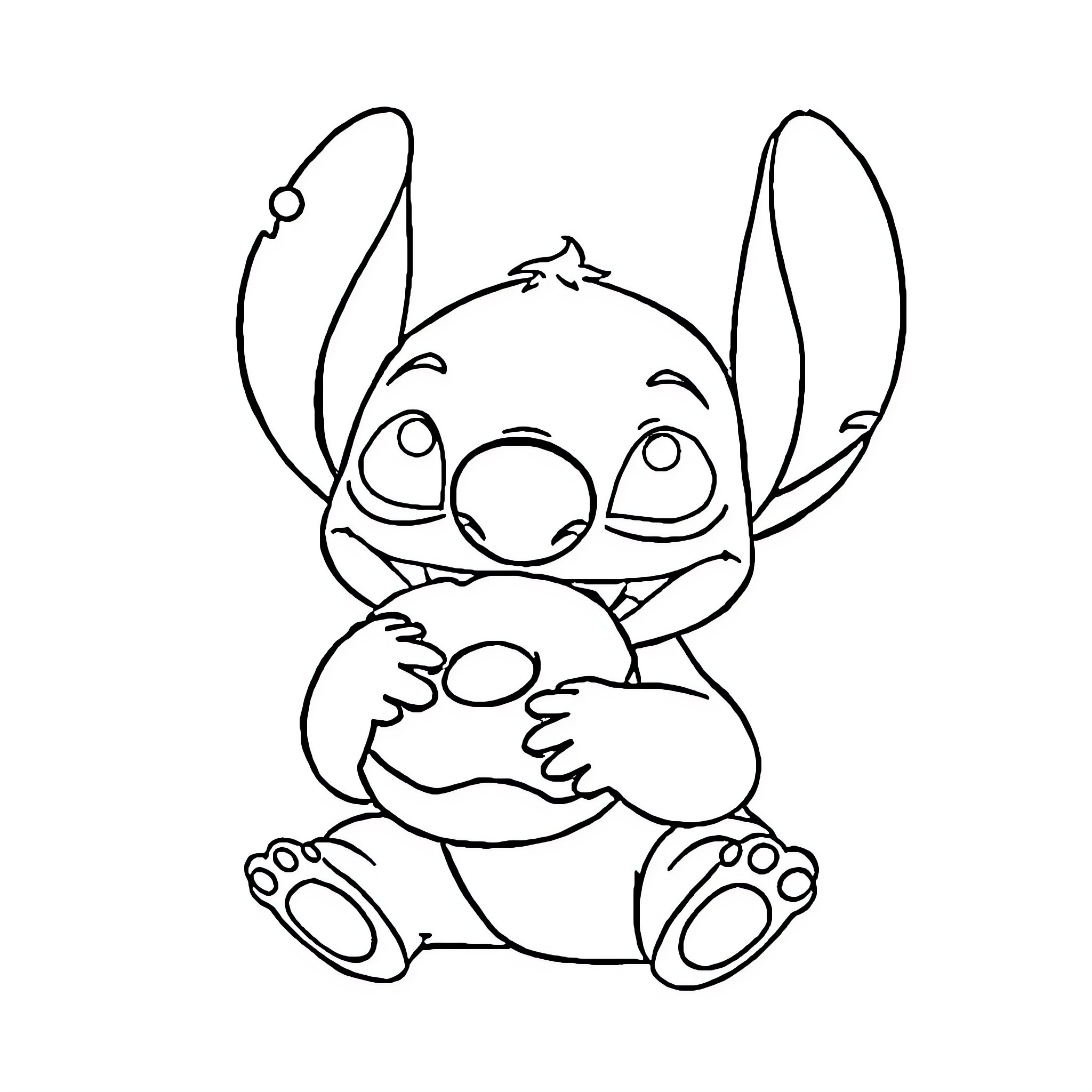 Stitch hugging himself happily Coloring Page (free black-and-white line drawing printable PDF for all, from beginners to advanced learners, including children, teens, adults, and seniors)