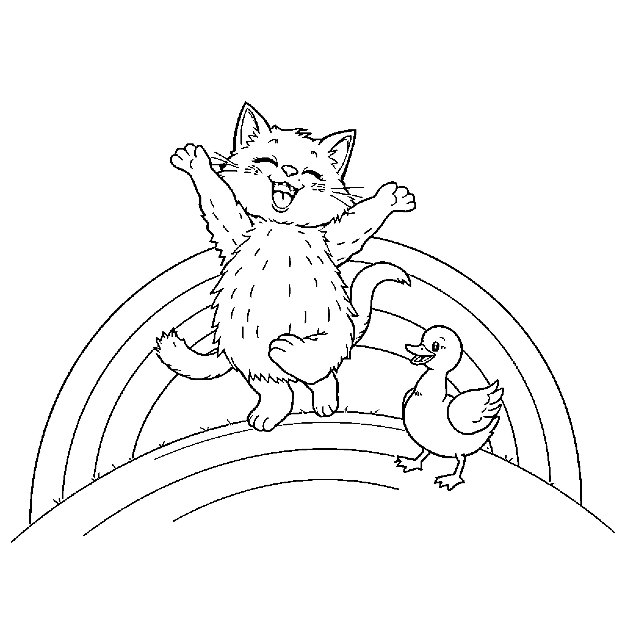 Cat celebrating joyously with duck on rainbow Coloring Page (free black-and-white line drawing printable PDF for all, from beginners to advanced learners, including children, teens, adults, and seniors)