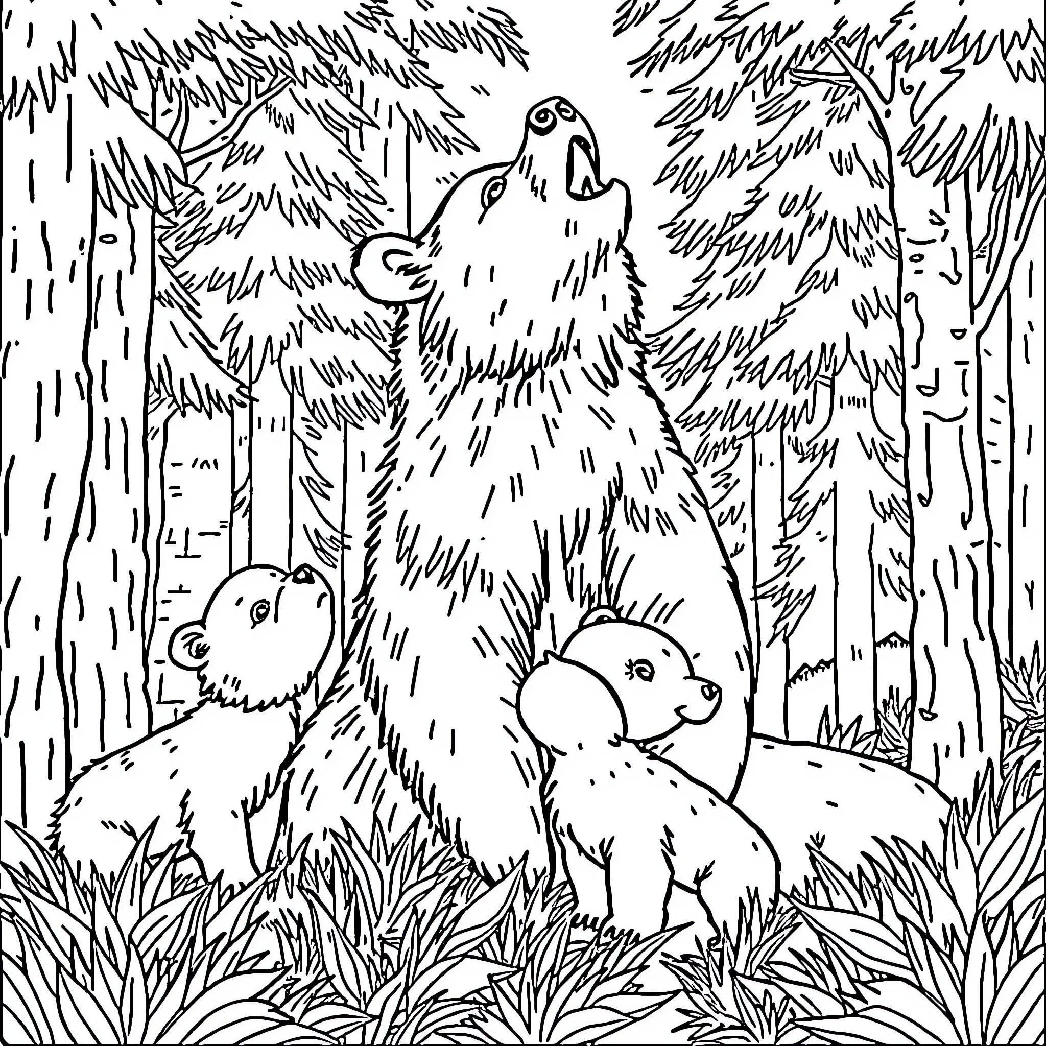 Bear family enjoying nature in forest Coloring Page (free black-and-white line drawing printable PDF for all, from beginners to advanced learners, including children, teens, adults, and seniors)