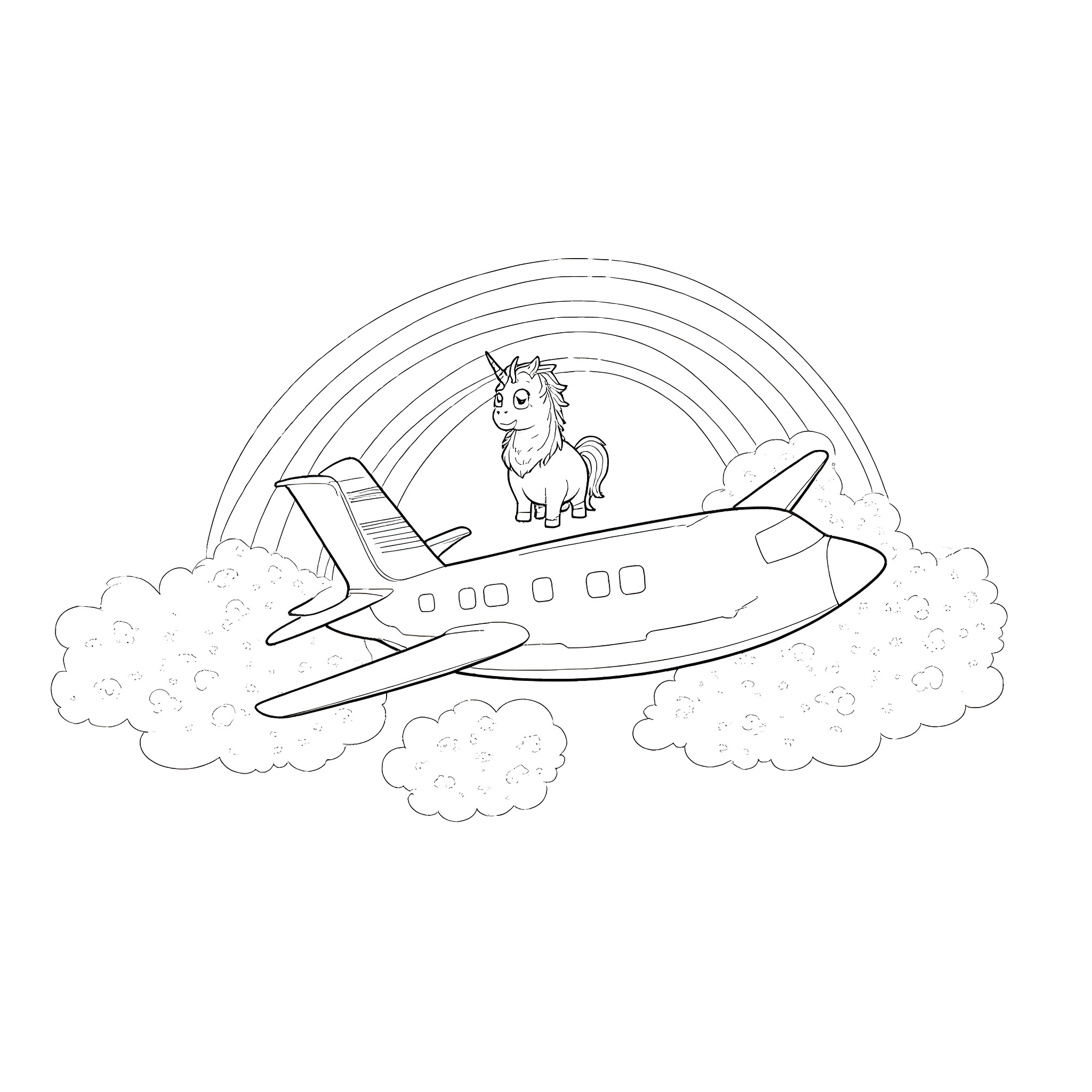 Airplane with Unicorn Riding Through the Clouds Coloring Page (free black-and-white line drawing printable PDF for all, from beginners to advanced learners, including children, teens, adults, and seniors)