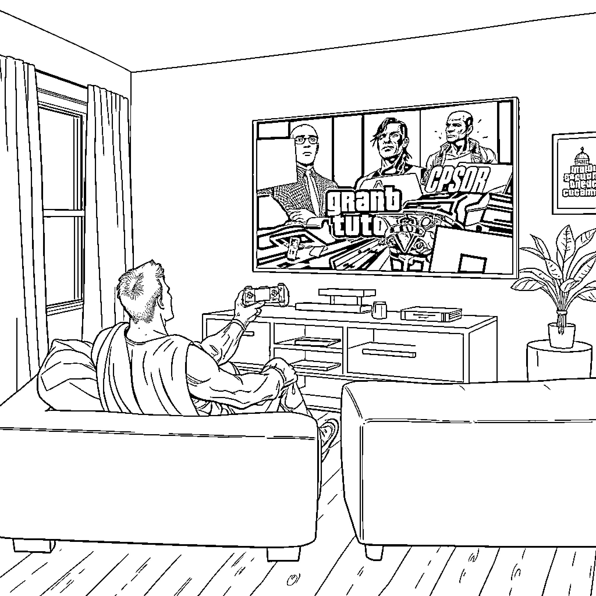 Superman enjoying a video game in his living room Coloring Page (free black-and-white line drawing printable PDF for all, from beginners to advanced learners, including children, teens, adults, and seniors)