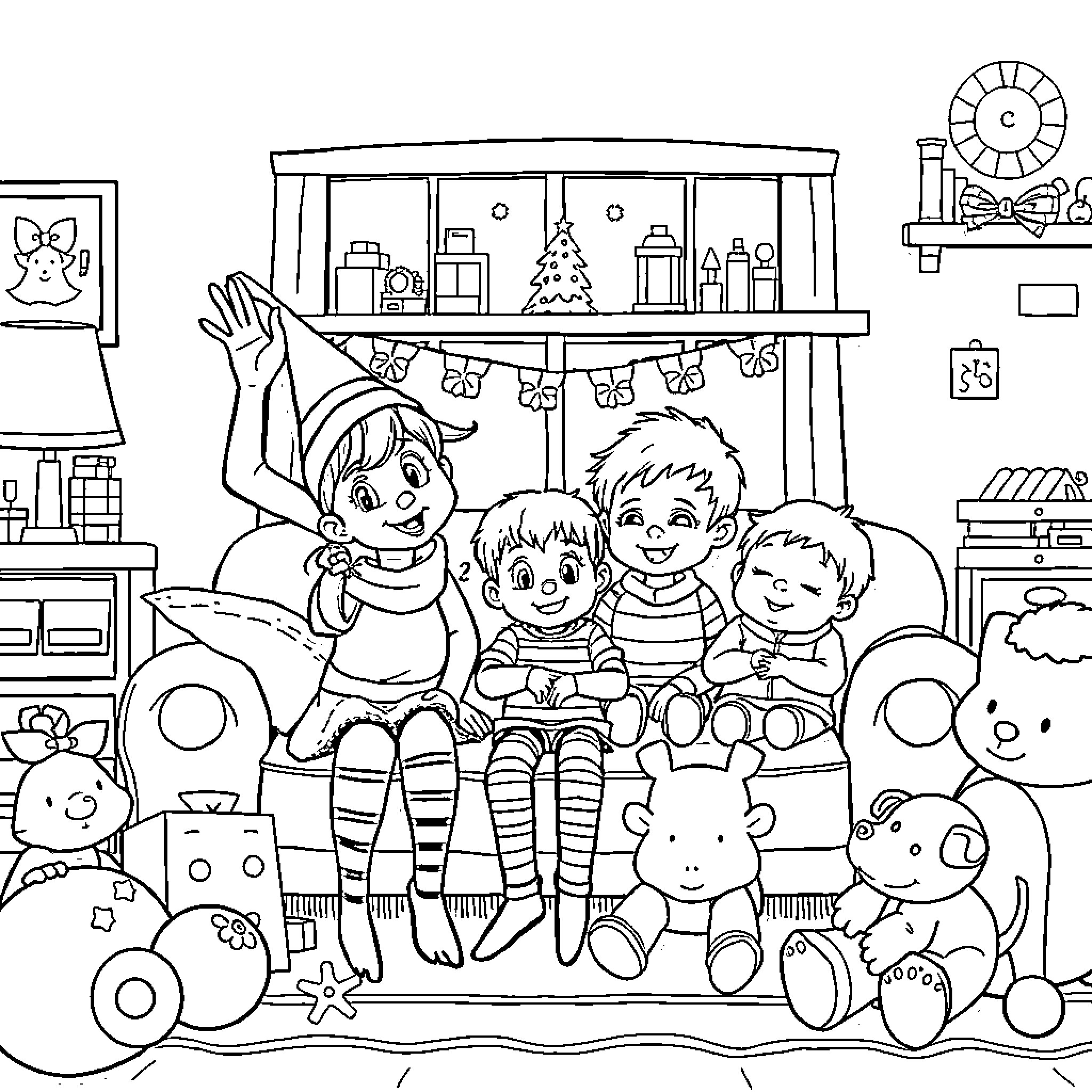 Elf friends enjoying cozy indoor holiday scene Coloring Page (free black-and-white line drawing printable PDF for all, from beginners to advanced learners, including children, teens, adults, and seniors)