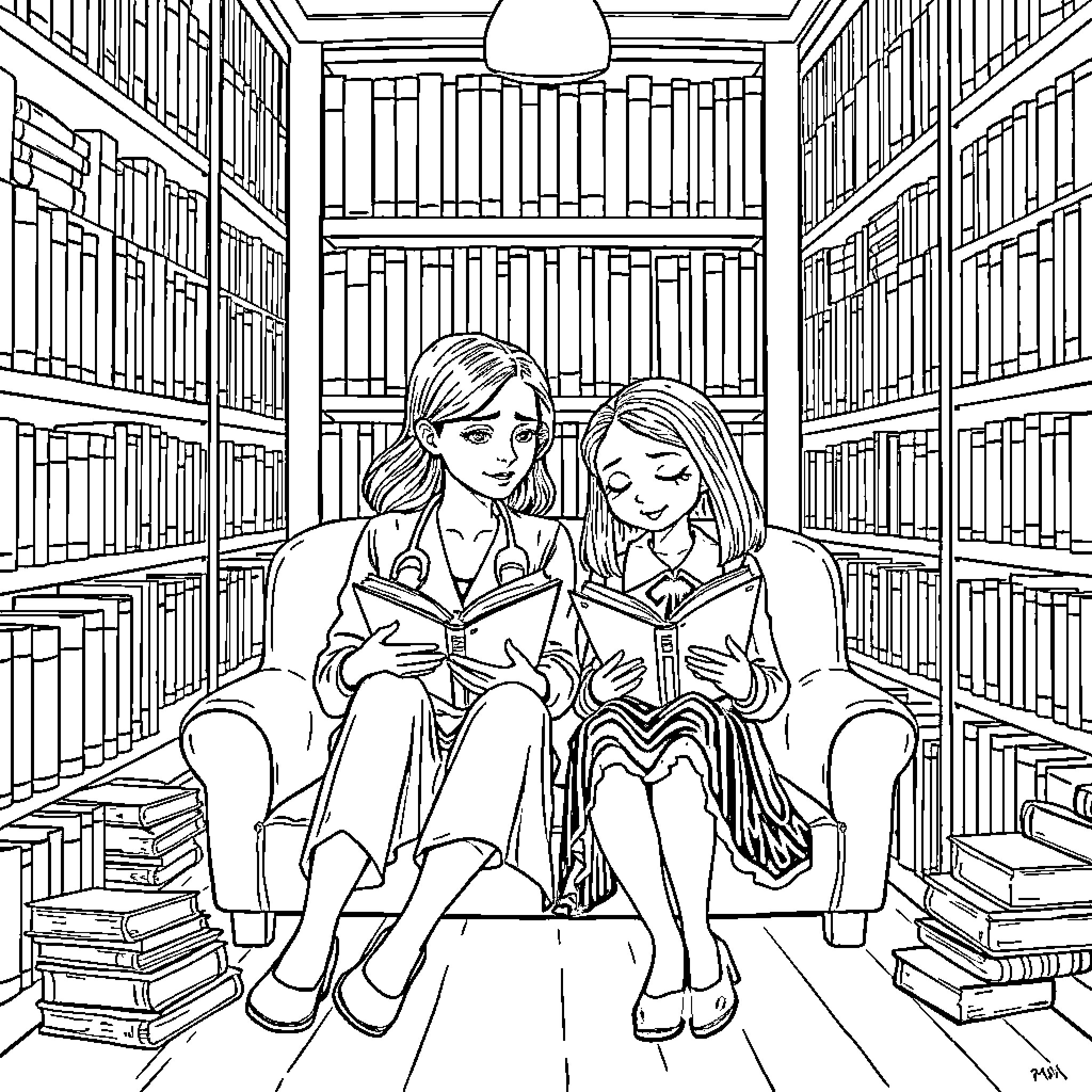 Meredith Grey and friend reading books in library Coloring Page (free black-and-white line drawing printable PDF for all, from beginners to advanced learners, including children, teens, adults, and seniors)