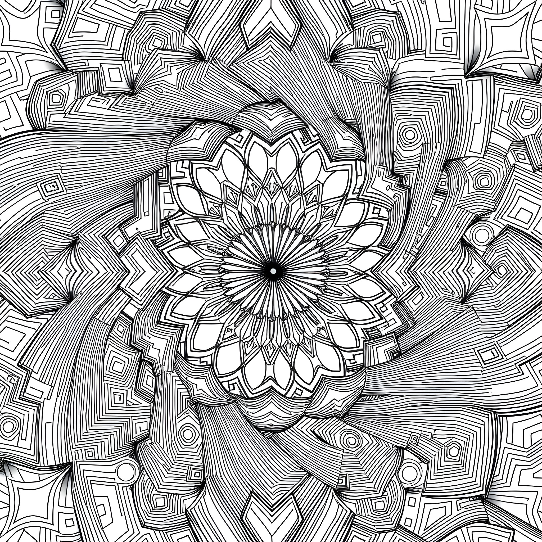 Pattern of complex geometric shapes and designs Coloring Page (free black-and-white line drawing printable PDF for all, from beginners to advanced learners, including children, teens, adults, and seniors)
